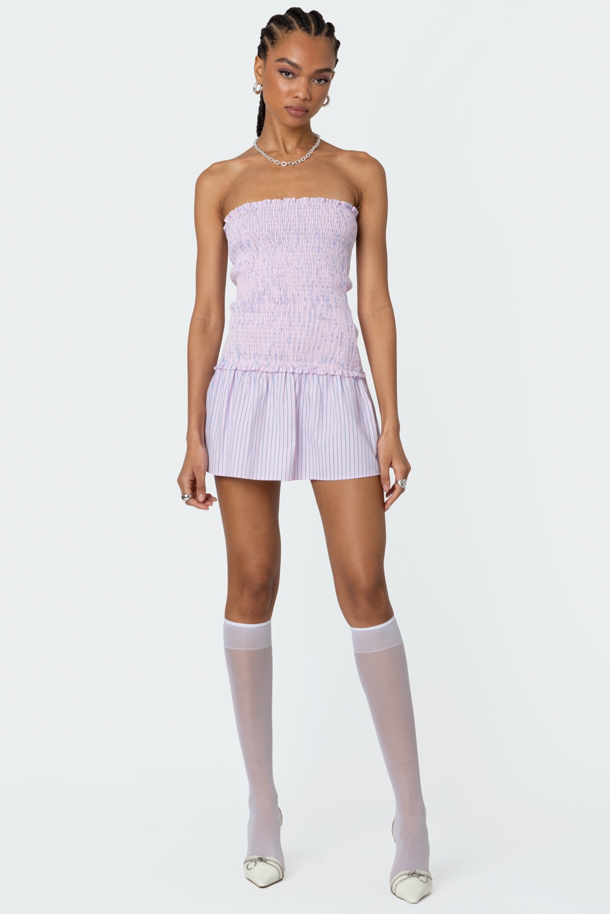 Striped Scrunch Strapless Mini Dress-Milans Time