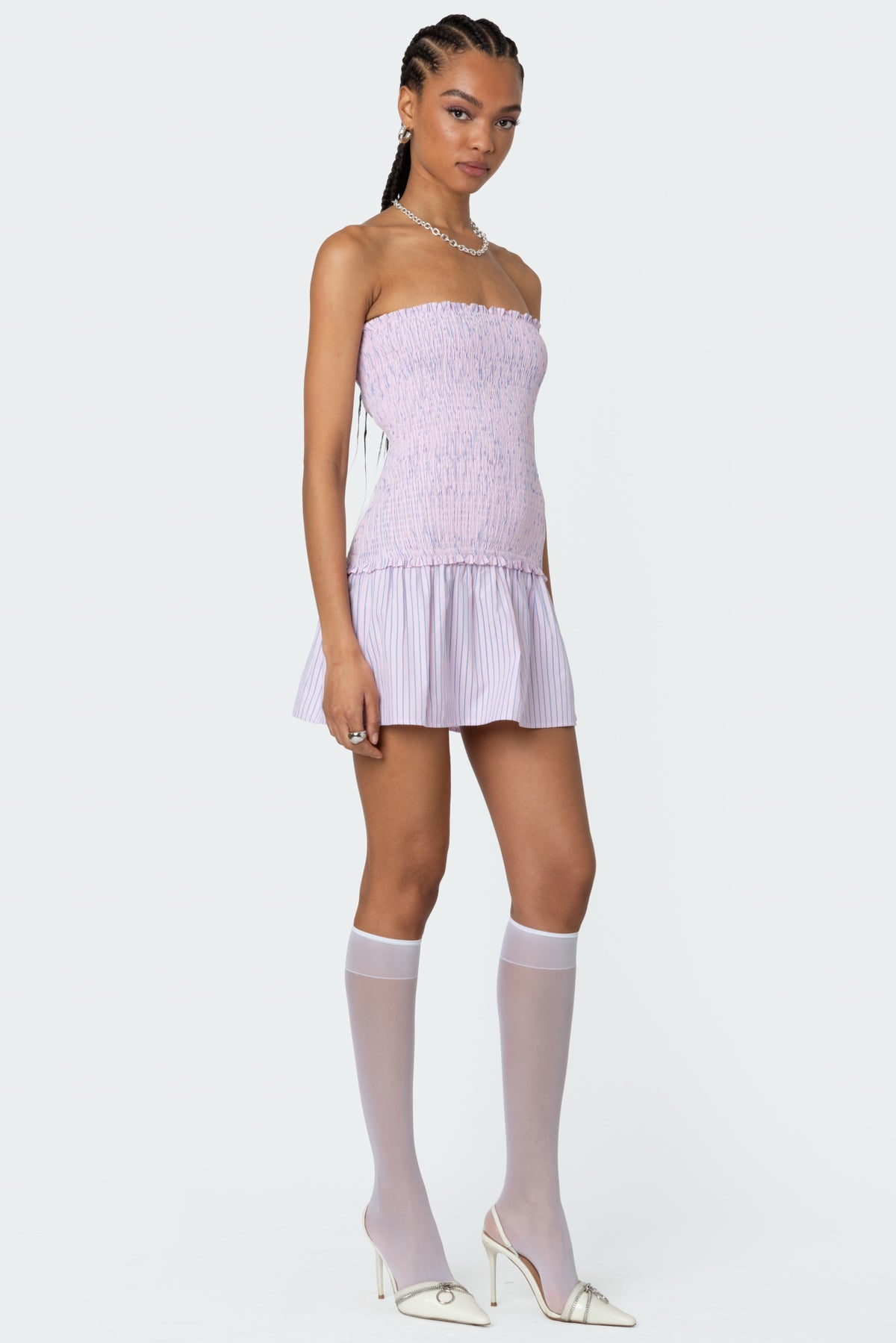 Striped Scrunch Strapless Mini Dress-Milans Time