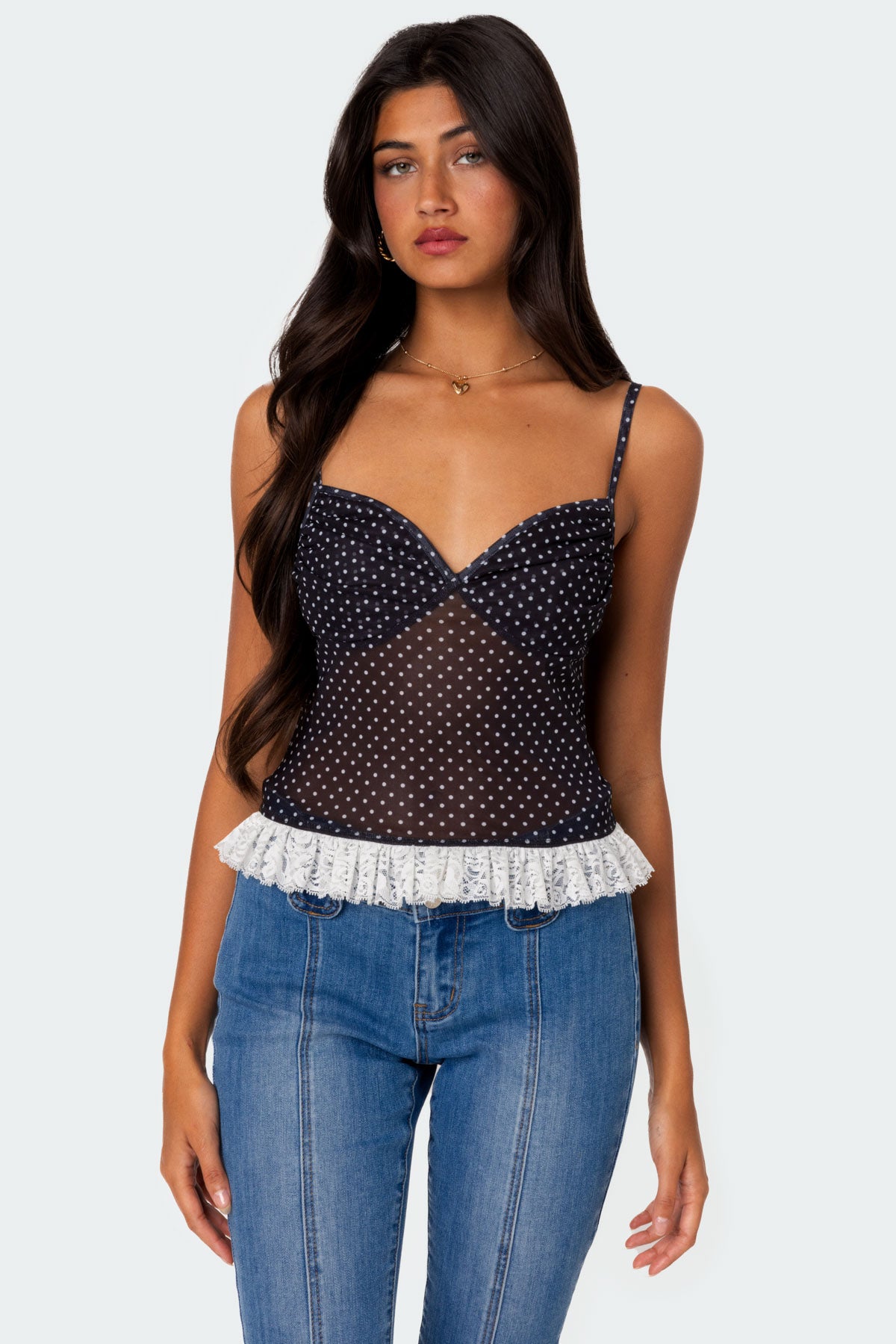 Polka Dot Cupped Mesh Top-Milans Time