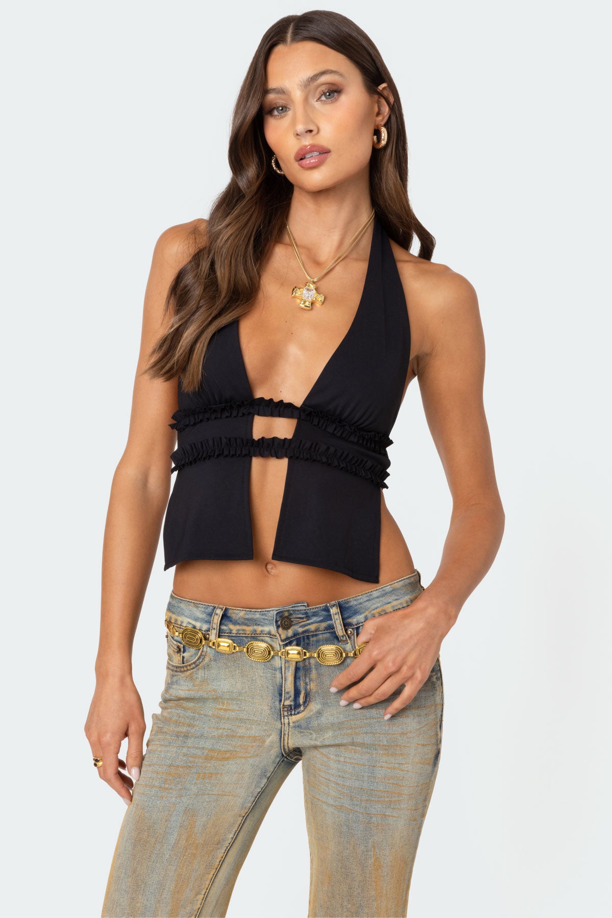 Luma Split Front Backless Halter Top-Milans Time