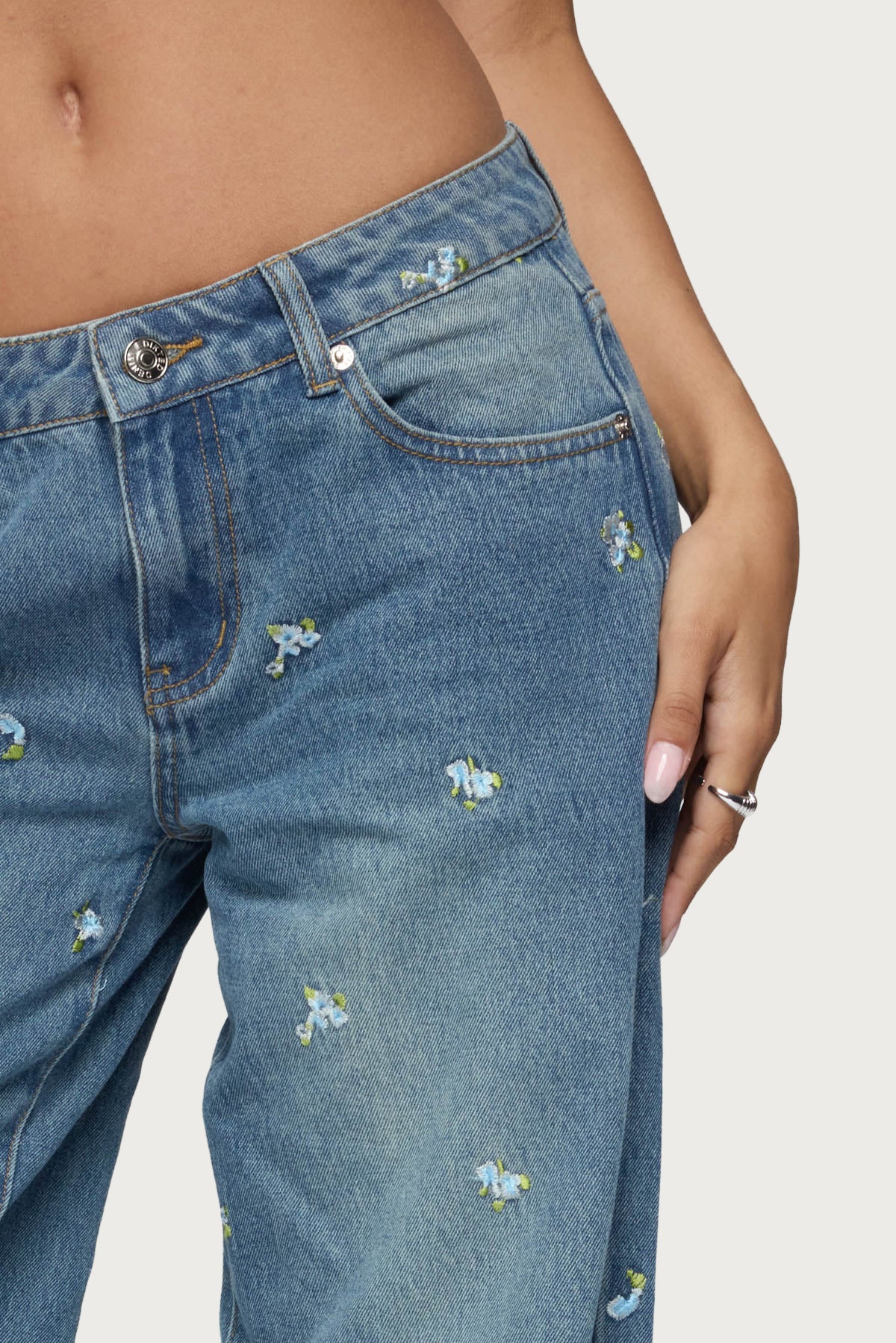 Edna Embroidered Floral Low Rise Baggy Jeans-Milans Time