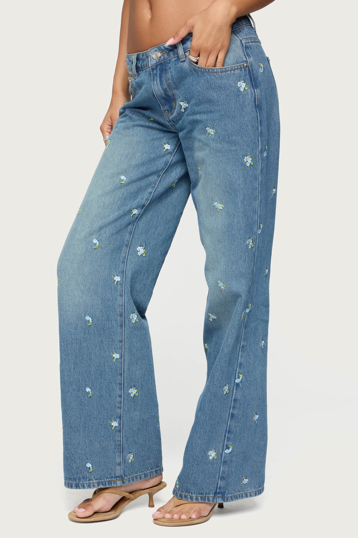 Edna Embroidered Floral Low Rise Baggy Jeans-Milans Time