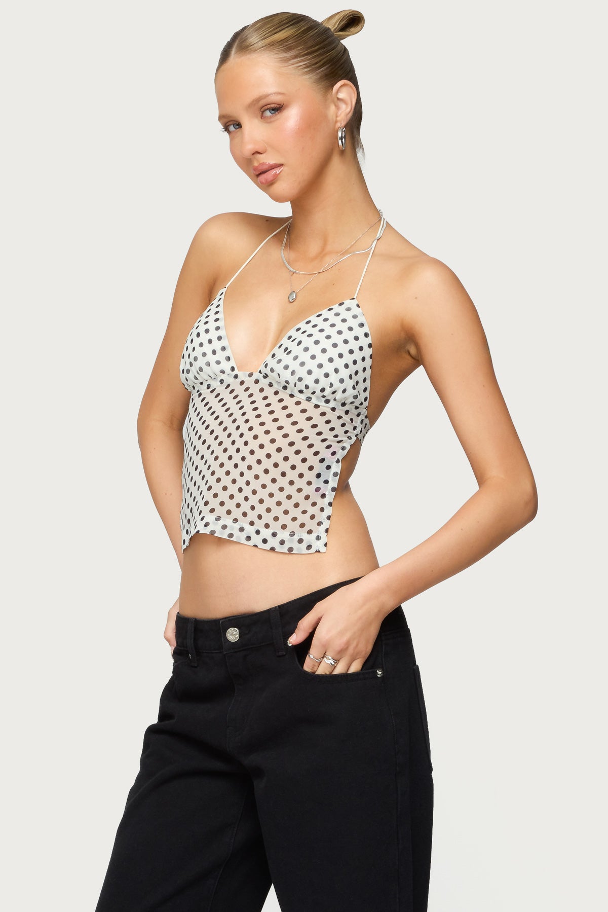 Polka Dot Backless Chiffon Top-Milans Time