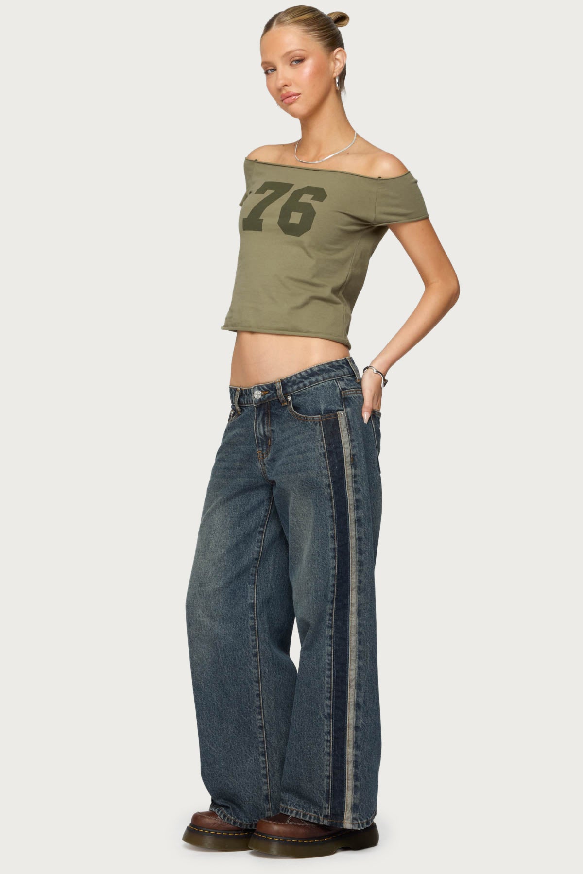 Petite Contrast Panel Low Rise Baggy Jeans-Milans Time