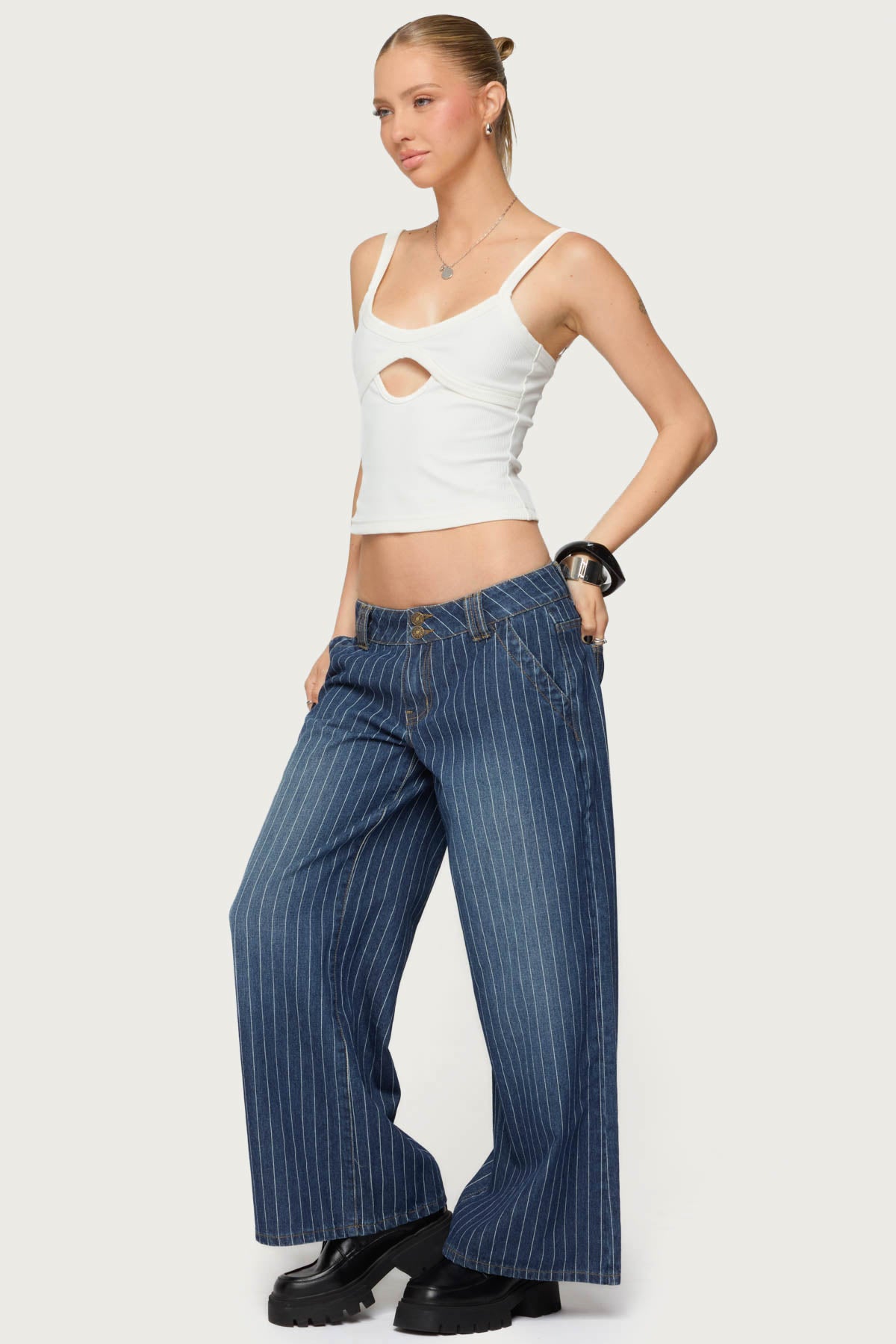 Petite Cory Striped Low Rise Baggy Jeans-Milans Time