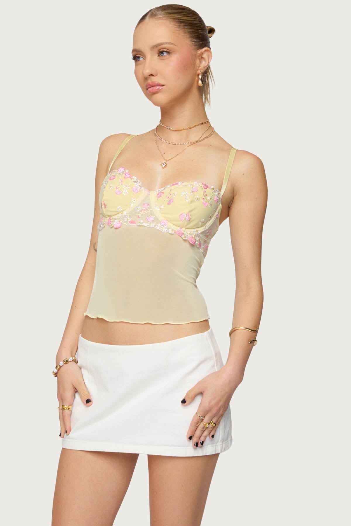 Embroidered Floral Sheer Bra Top-Milans Time