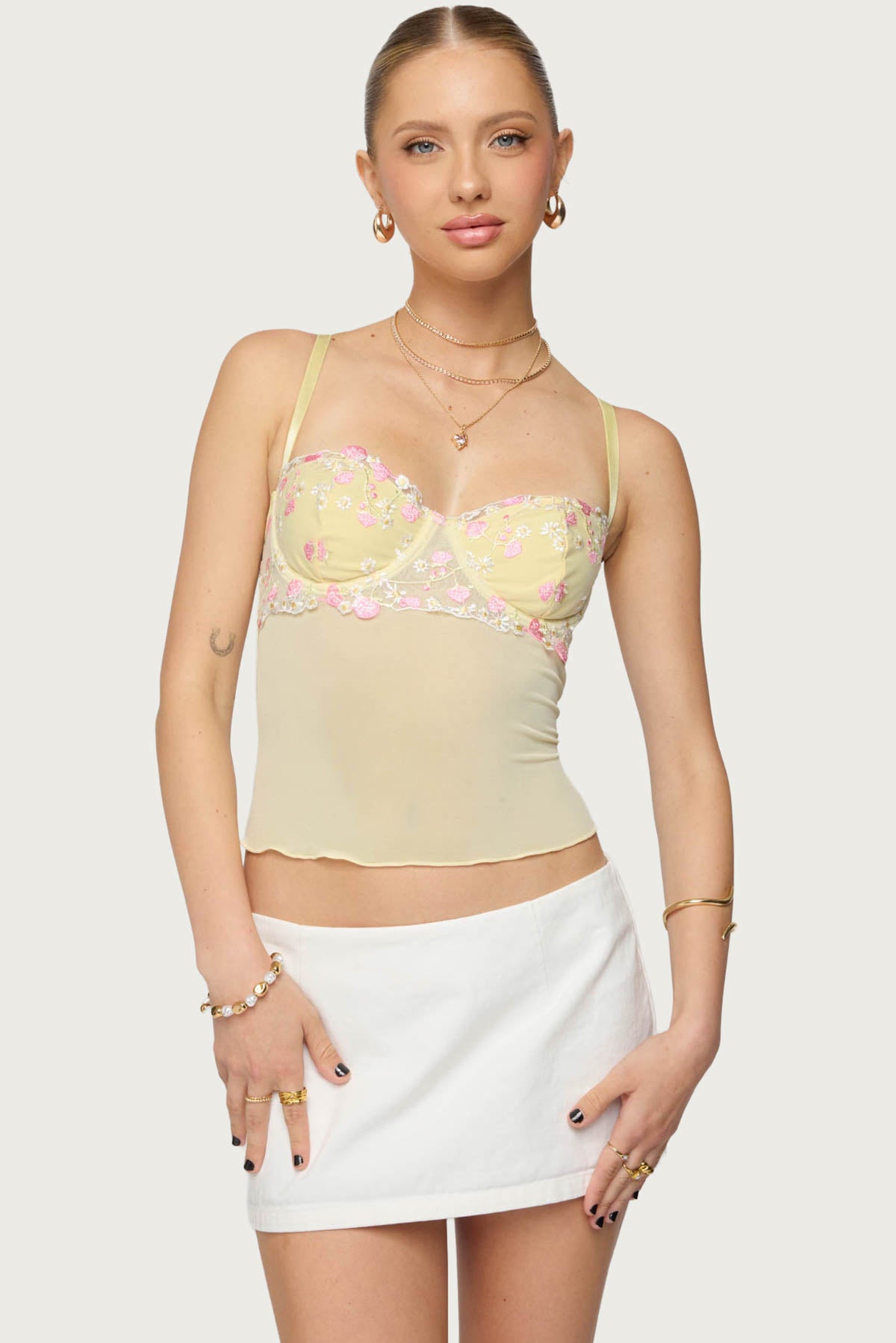 Embroidered Floral Sheer Bra Top-Milans Time