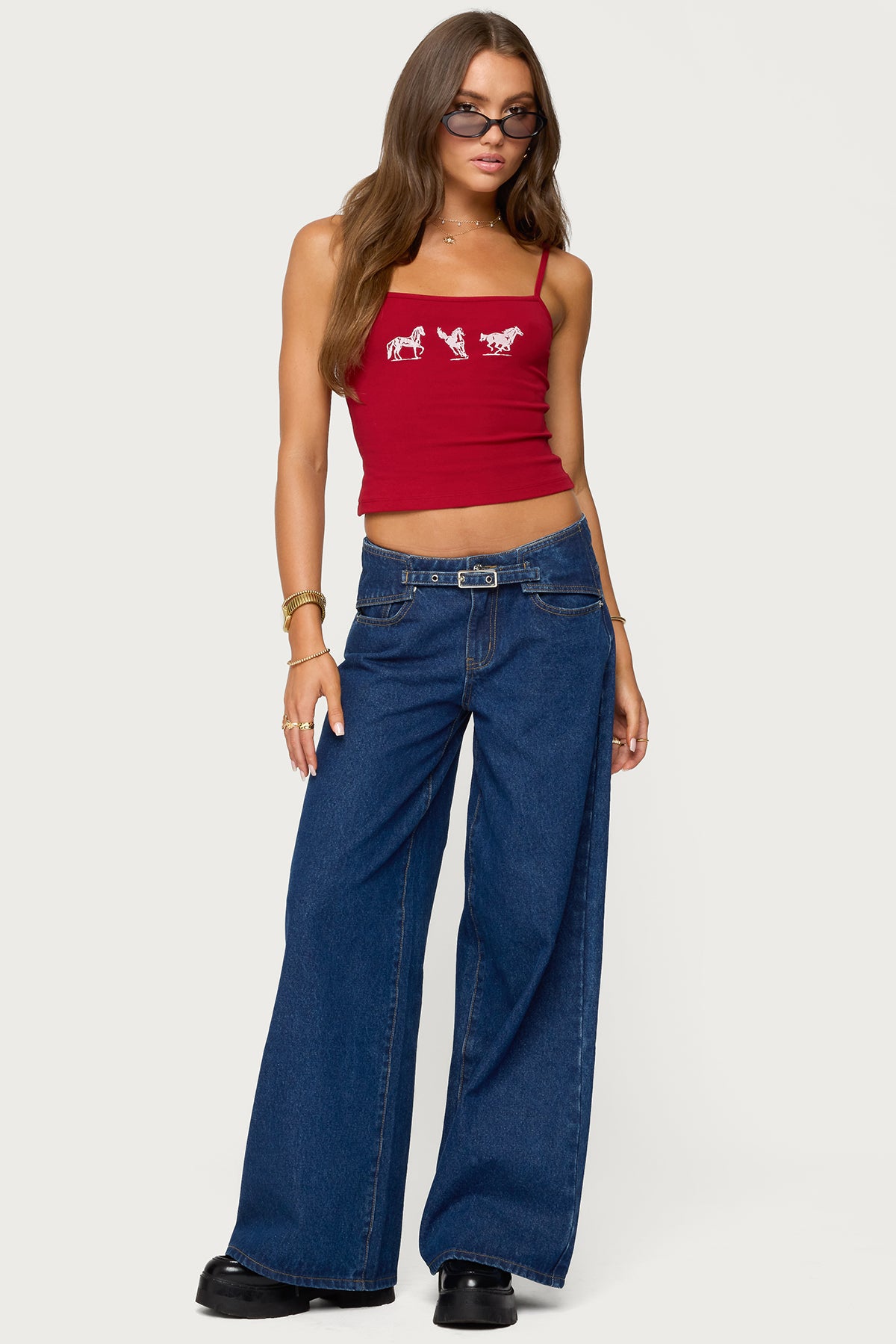 Edie Belt Detail Low Rise Baggy Jeans-Milans Time