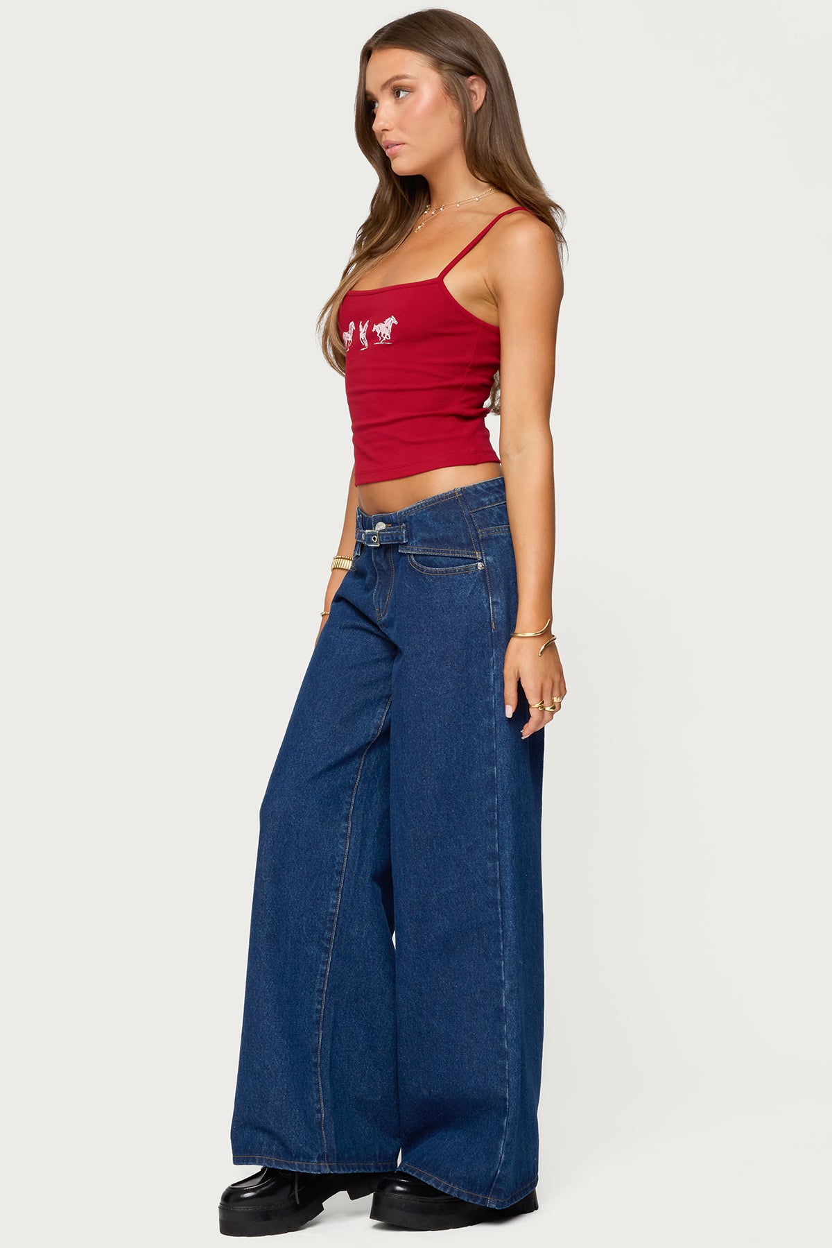 Edie Belt Detail Low Rise Baggy Jeans-Milans Time