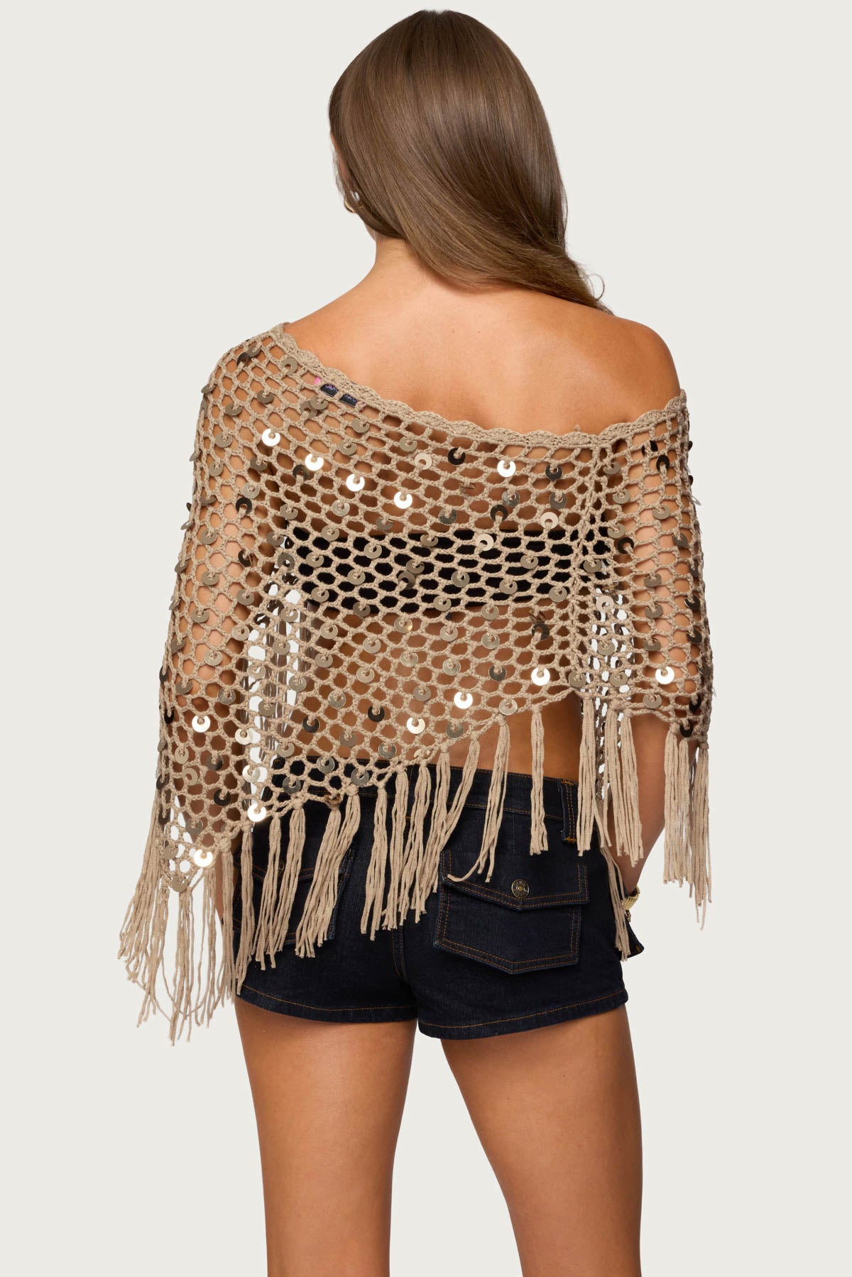 Fringe Sequin Crochet Poncho-Milans Time