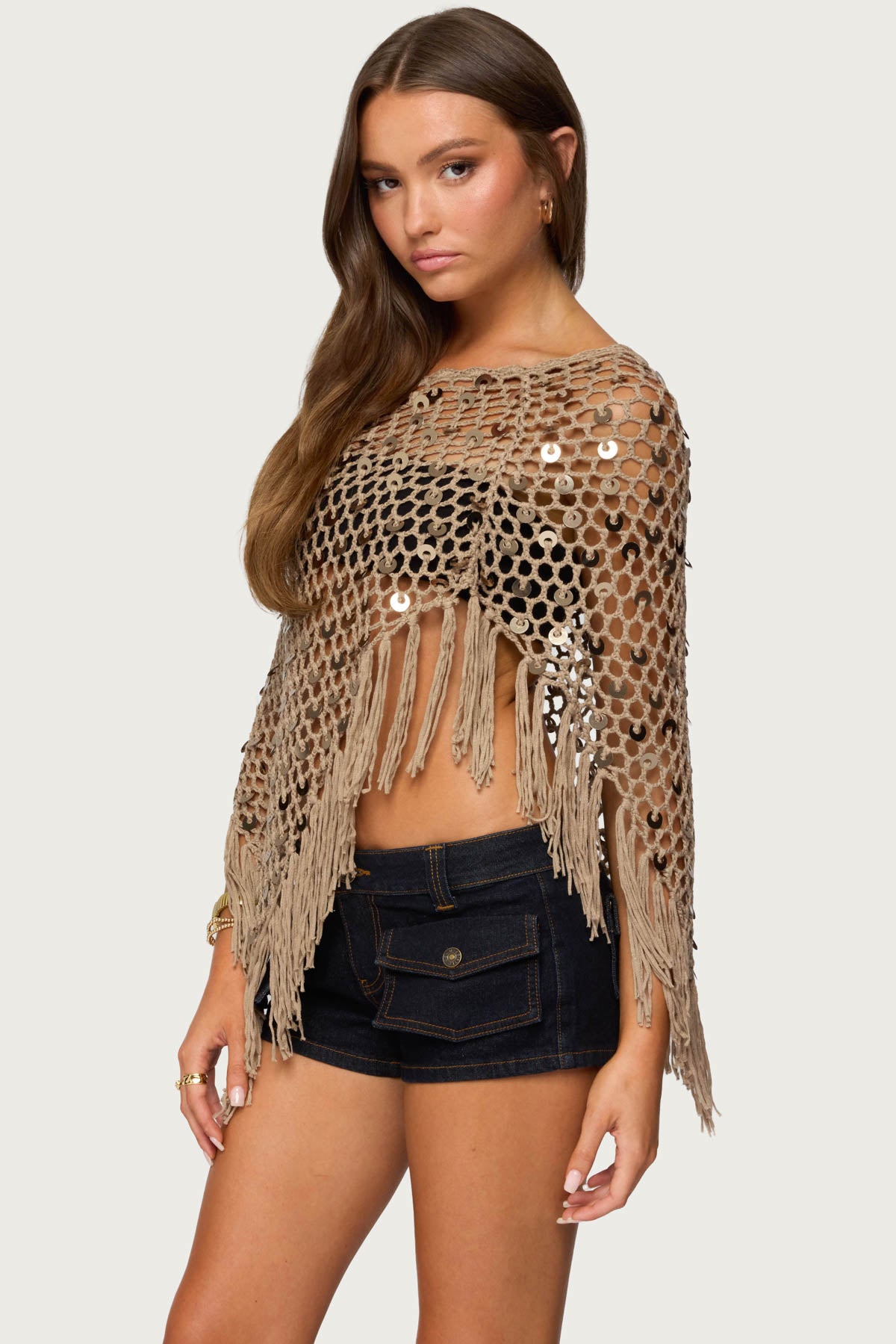 Fringe Sequin Crochet Poncho-Milans Time
