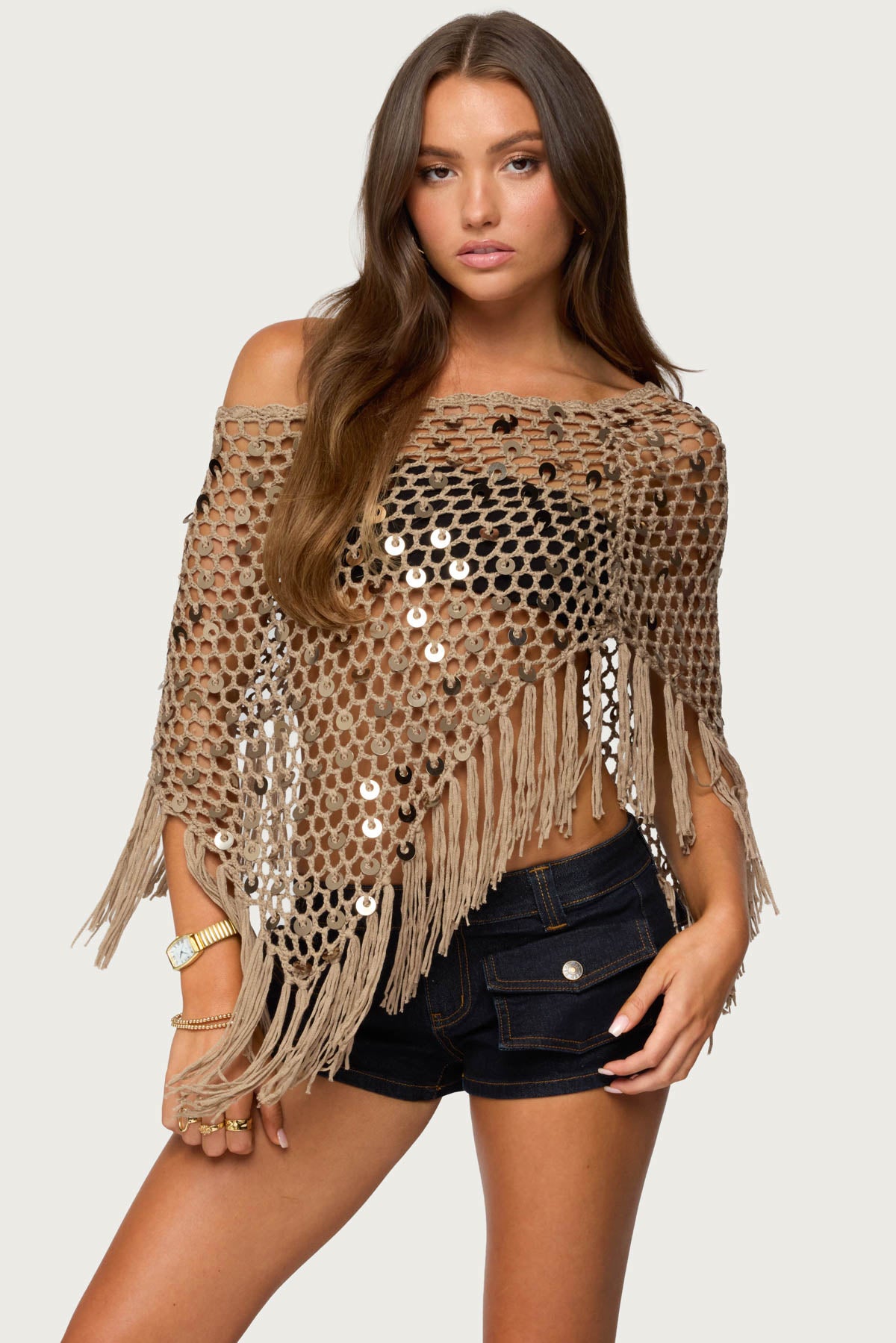 Fringe Sequin Crochet Poncho-Milans Time