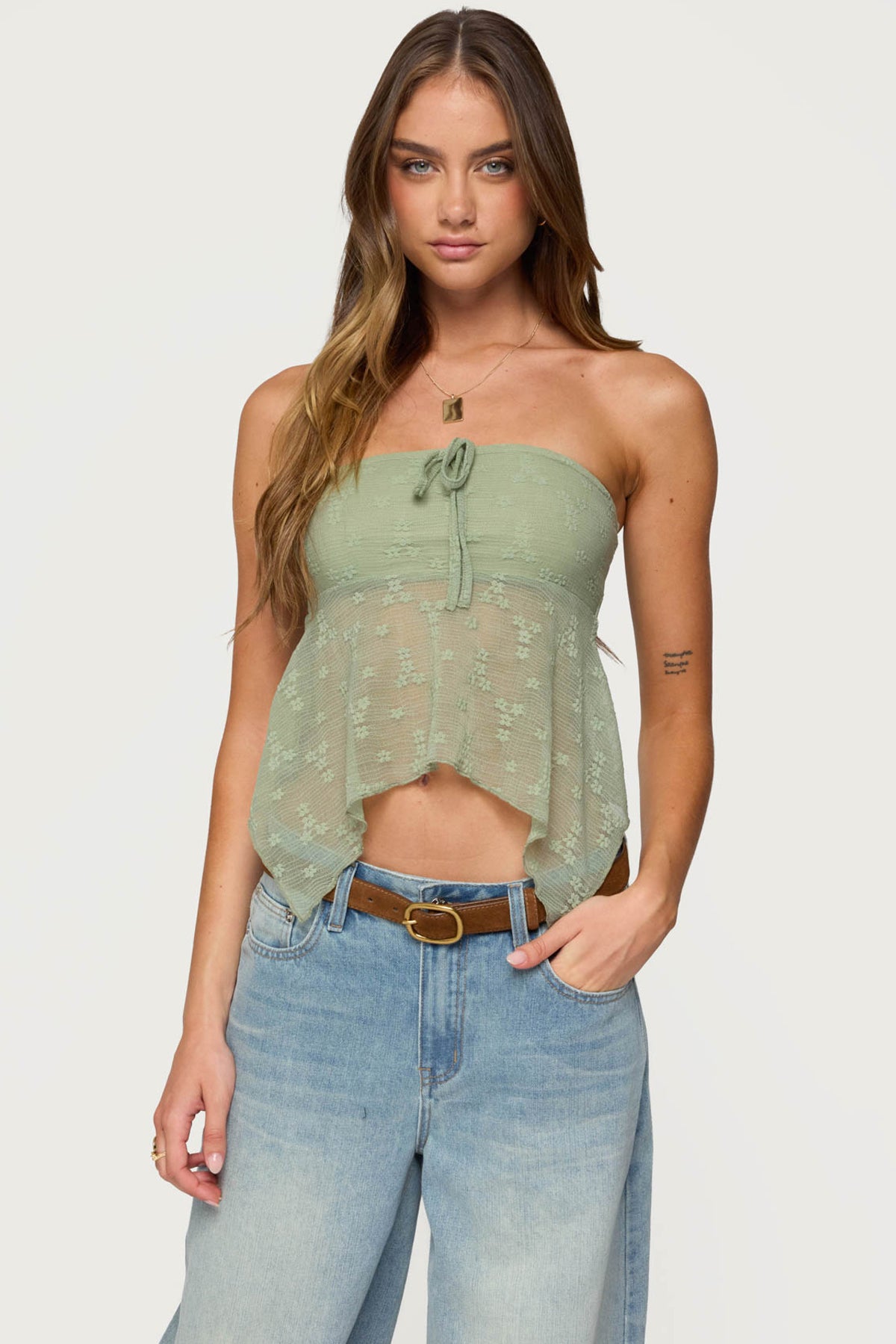 Embroidered Sheer Strapless Top-Milans Time