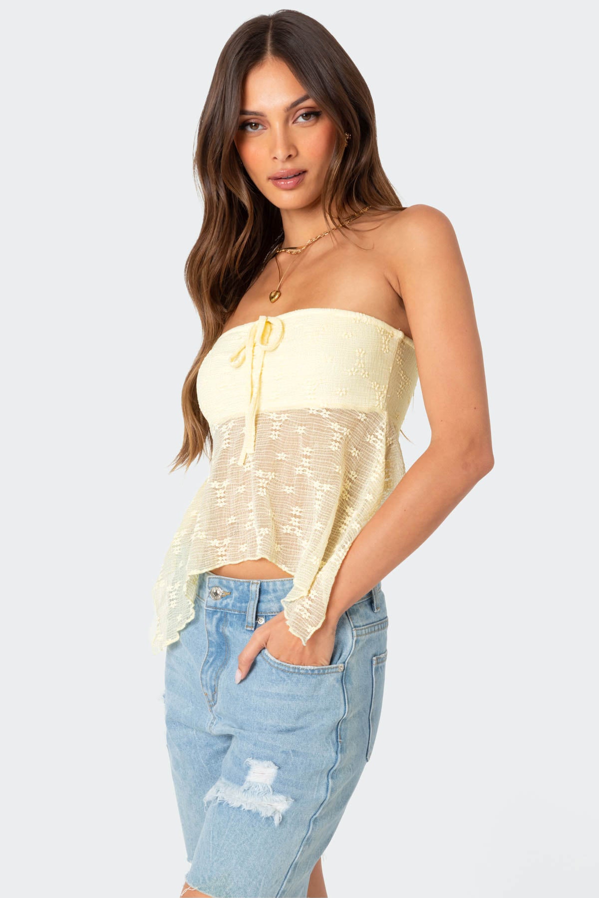 Embroidered Sheer Strapless Top-Milans Time