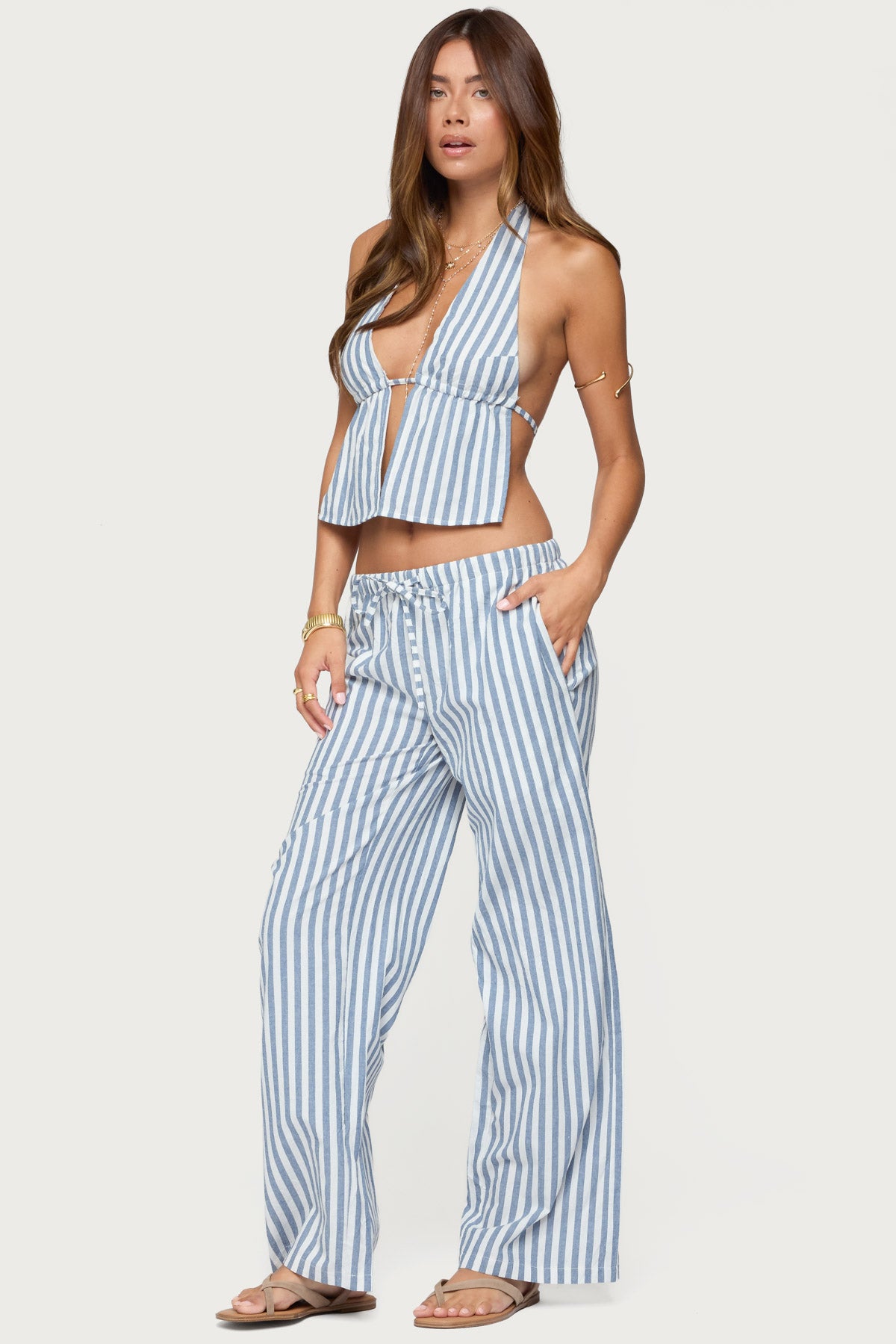 Macey Striped Split Front Backless Top-Milans Time