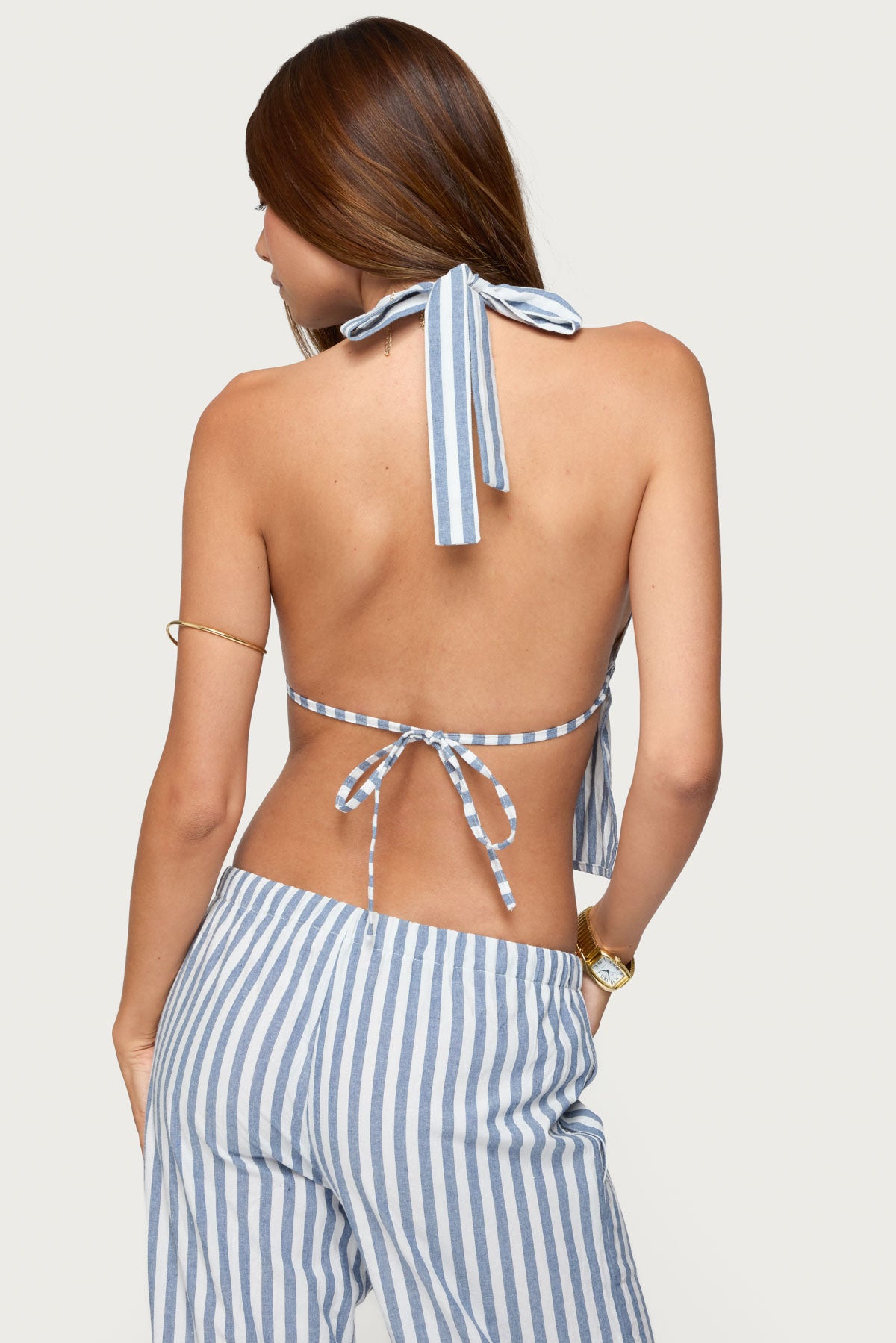 Macey Striped Split Front Backless Top-Milans Time
