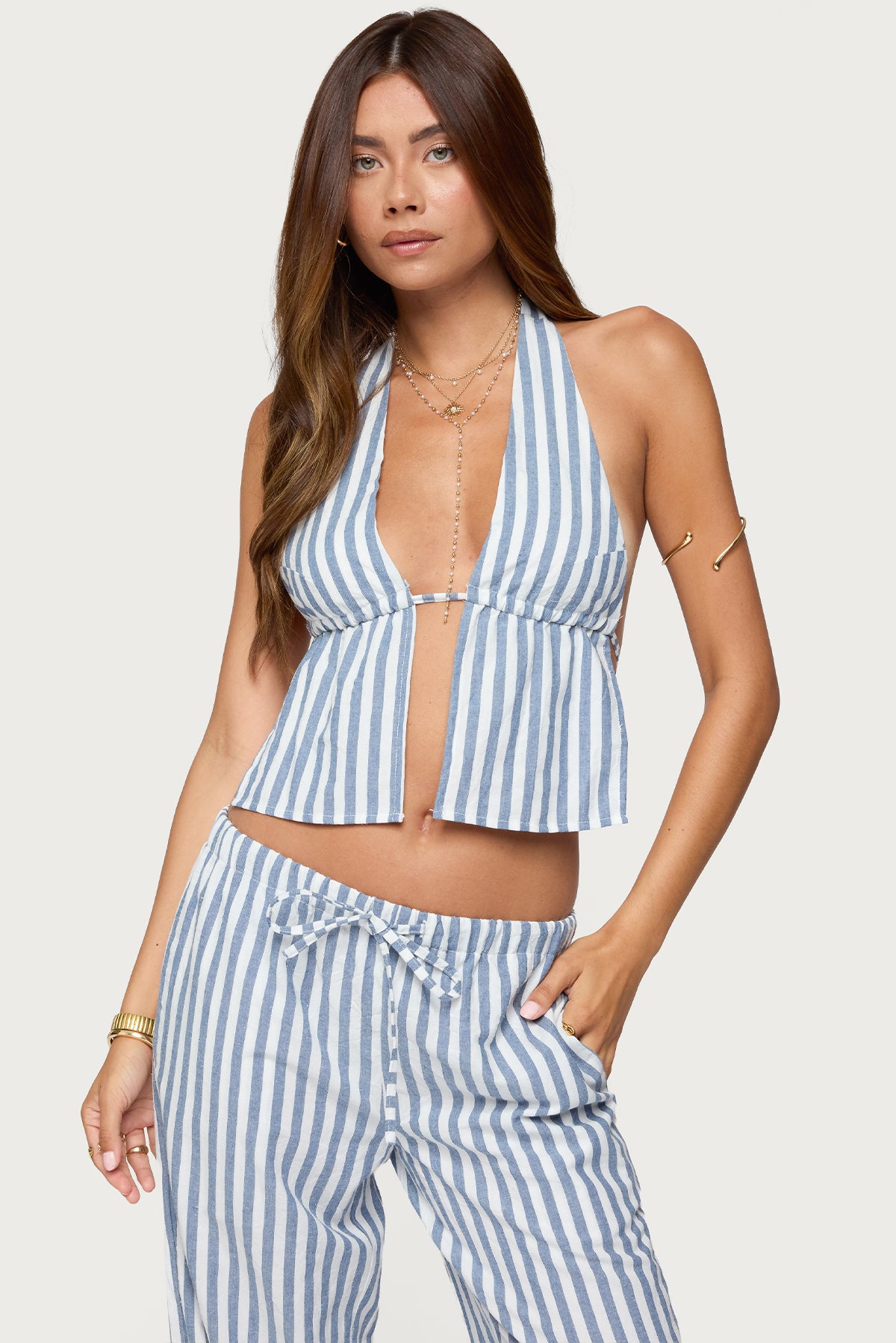 Macey Striped Split Front Backless Top-Milans Time