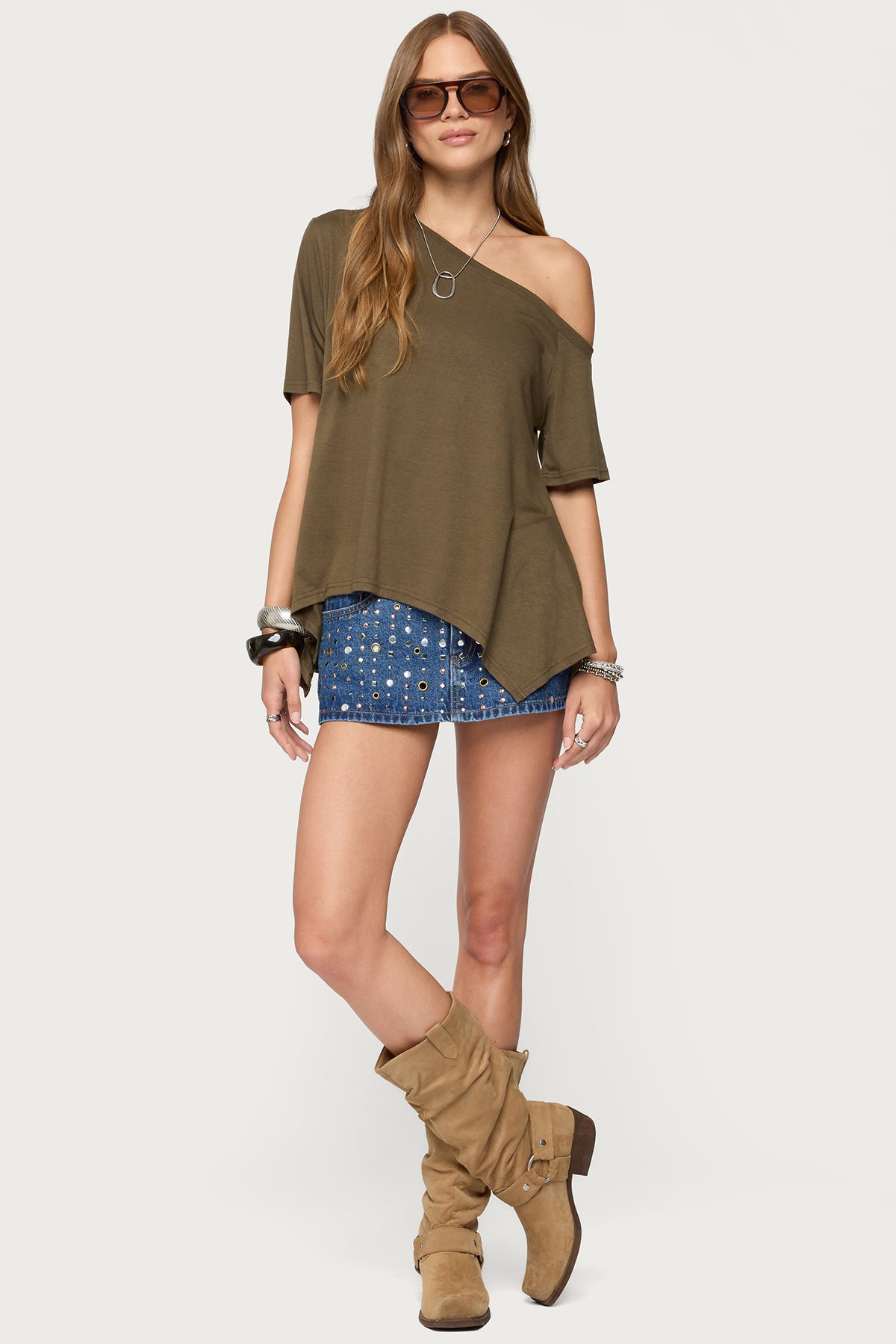Studded Grommet Denim Mini Skort-Milans Time