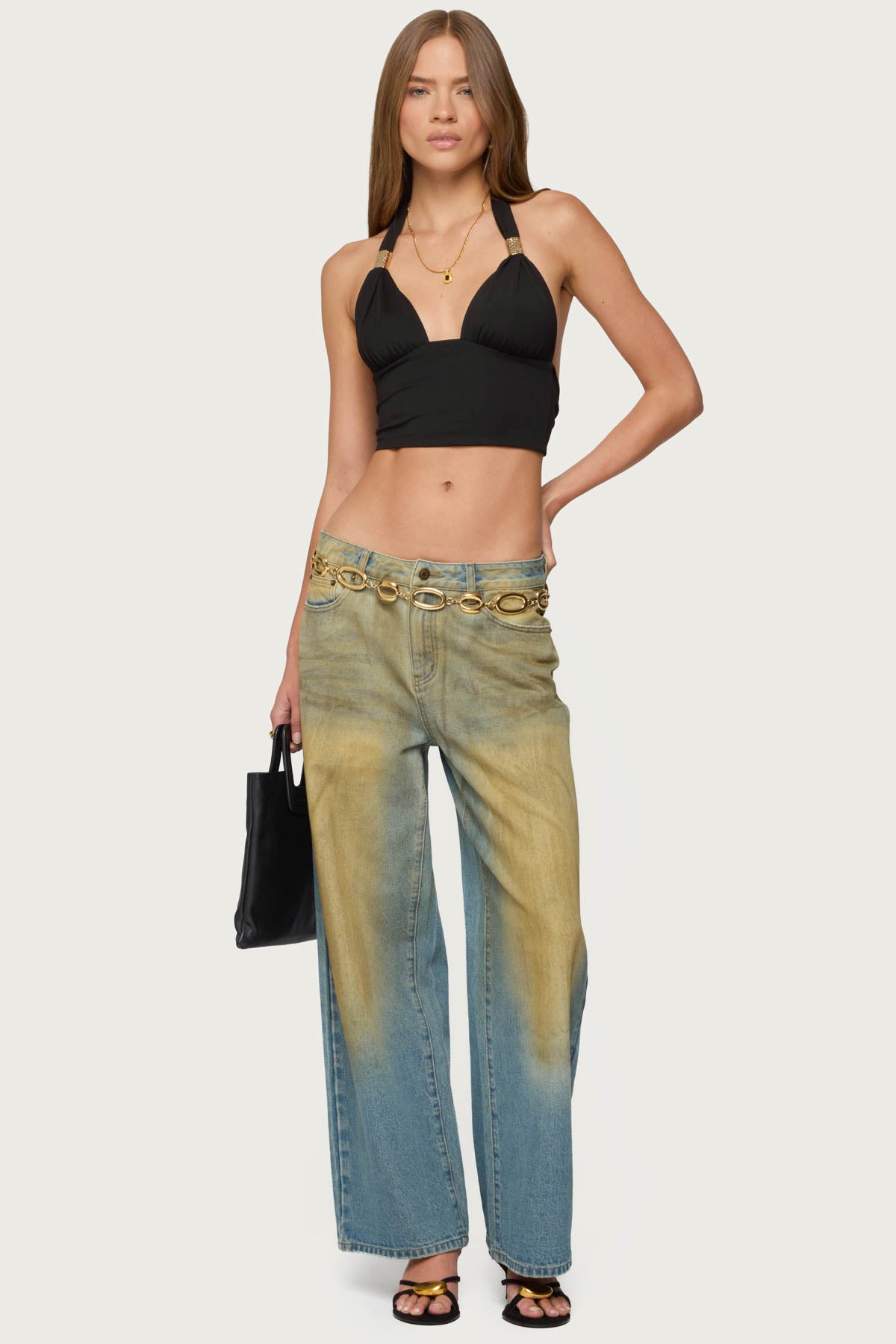 Aiva Backless Plunge Neck Halter Top-Milans Time