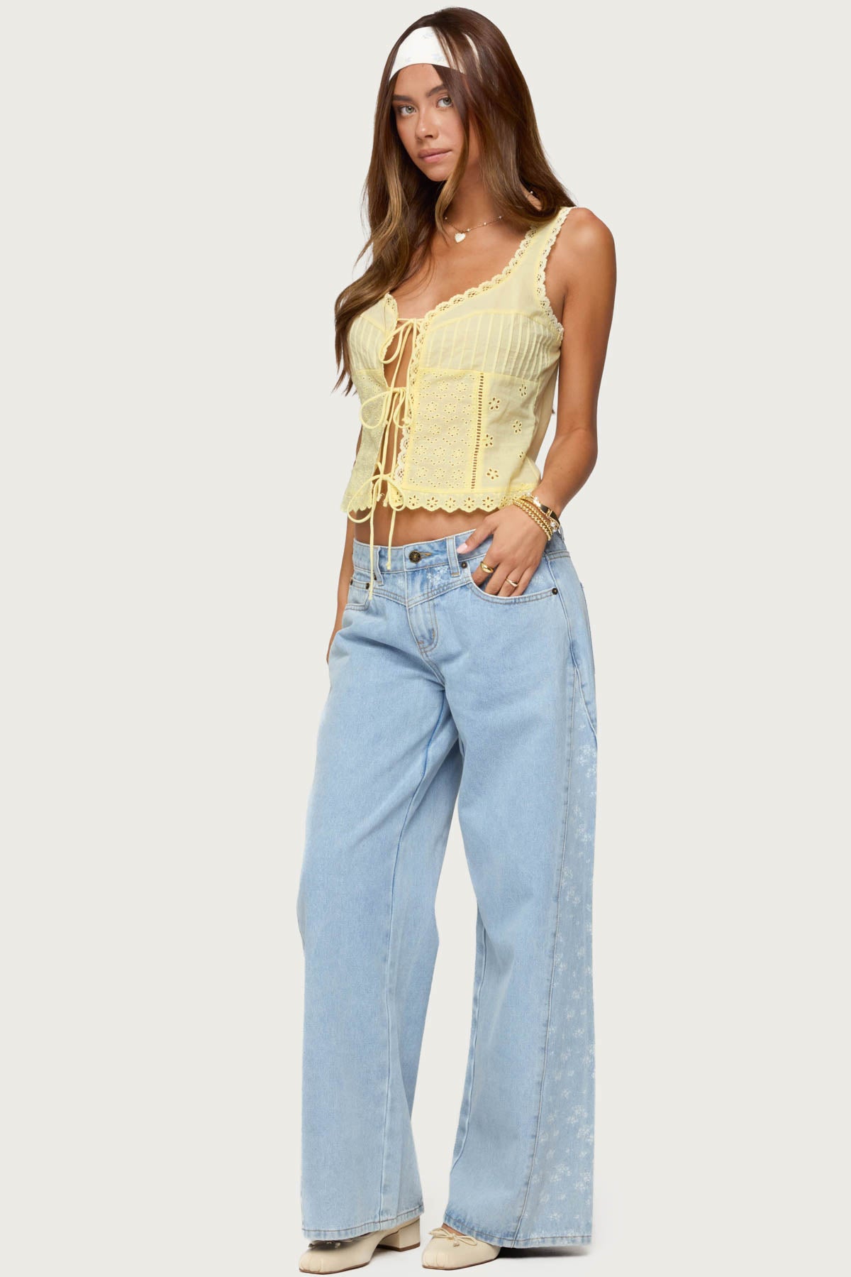 Floral Split Low Rise Baggy Jeans-Milans Time