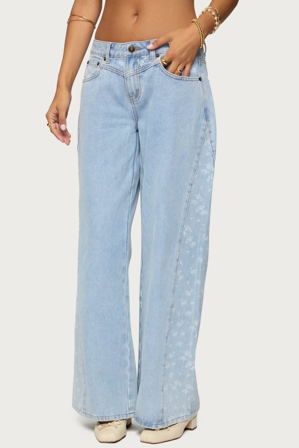 Floral Split Low Rise Baggy Jeans-Milans Time