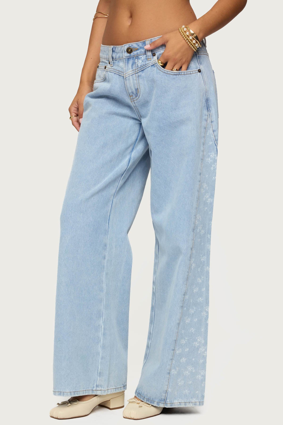Floral Split Low Rise Baggy Jeans-Milans Time