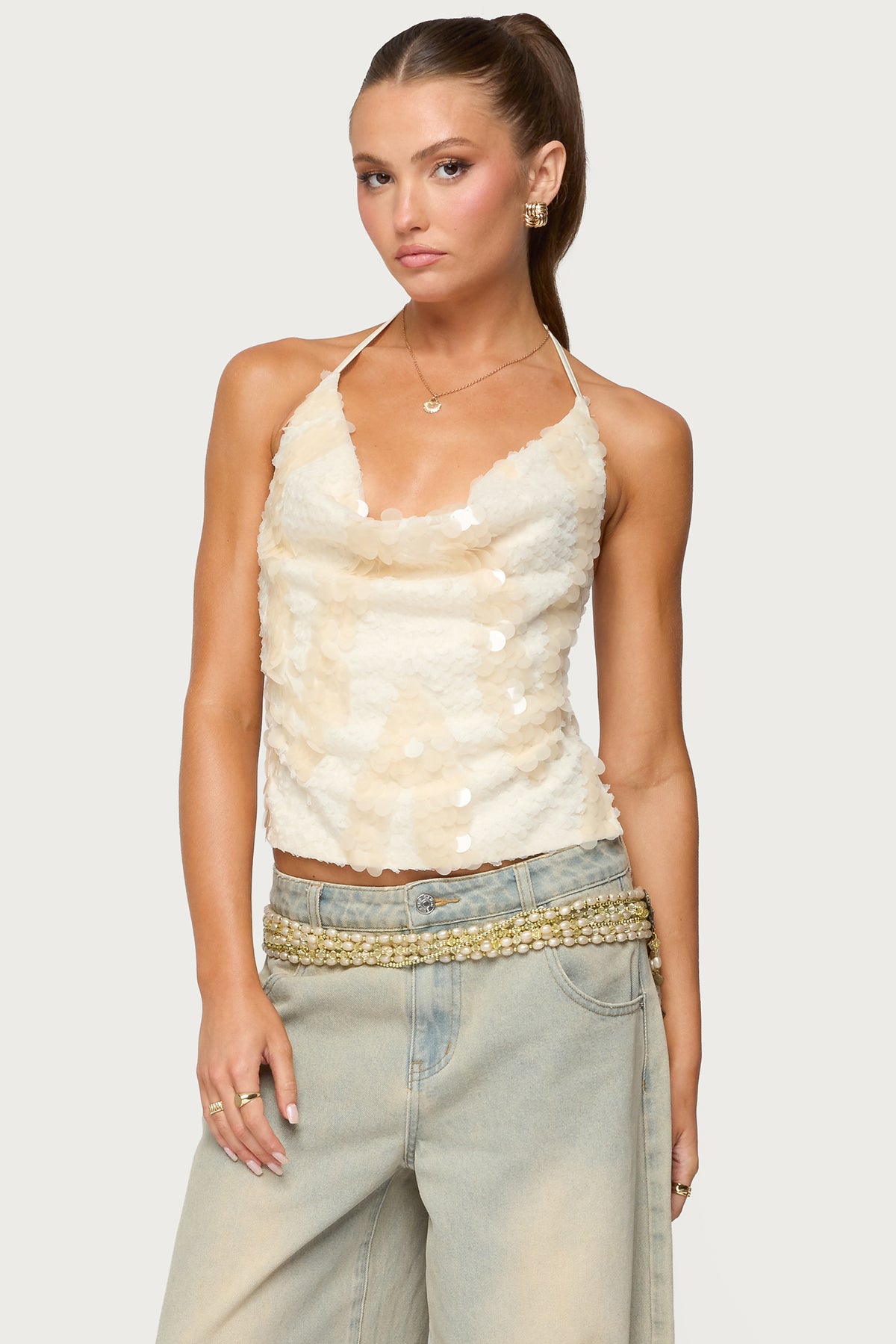 Reid Backless Sequin Cowl Neck Top-Milans Time
