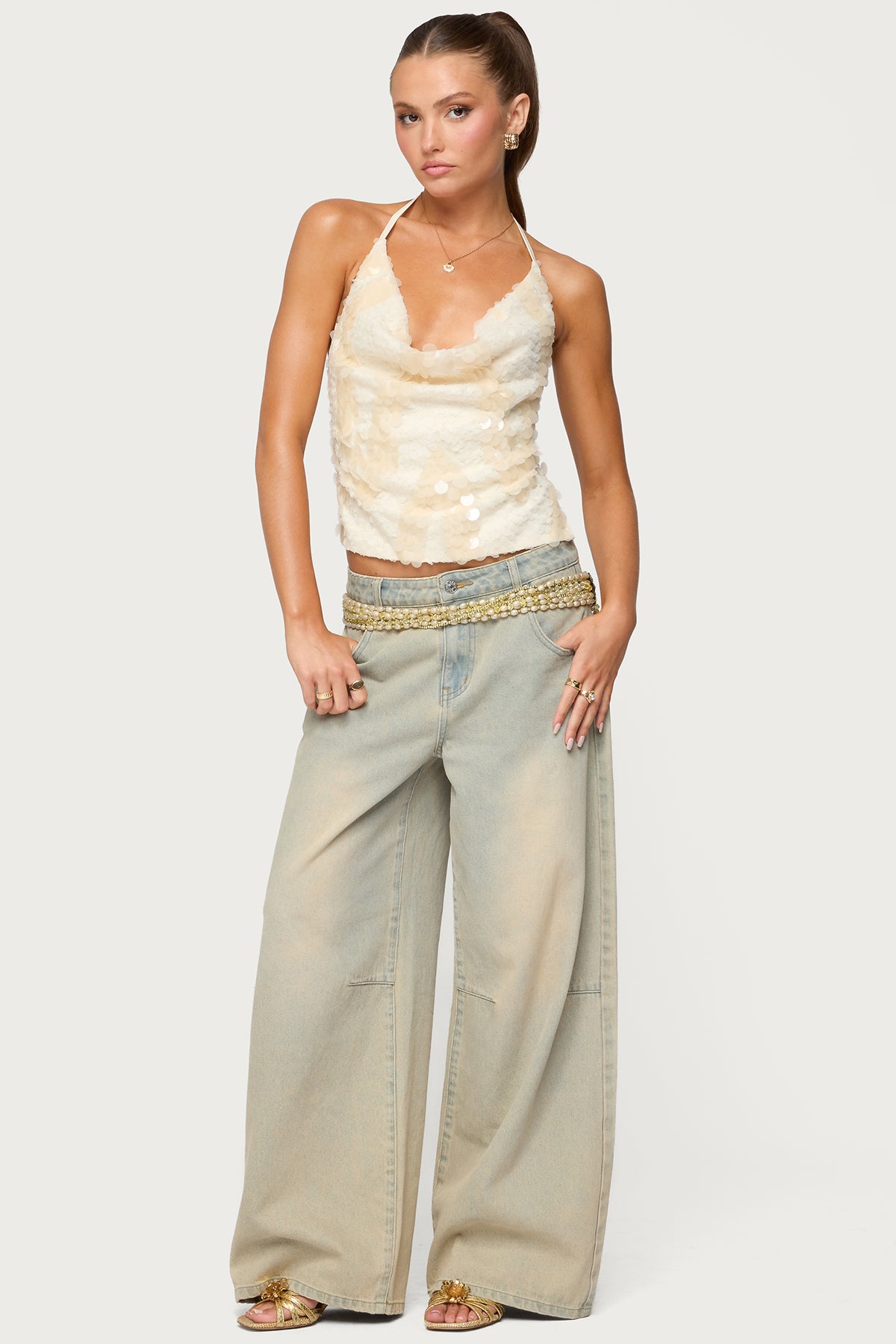 Reid Backless Sequin Cowl Neck Top-Milans Time