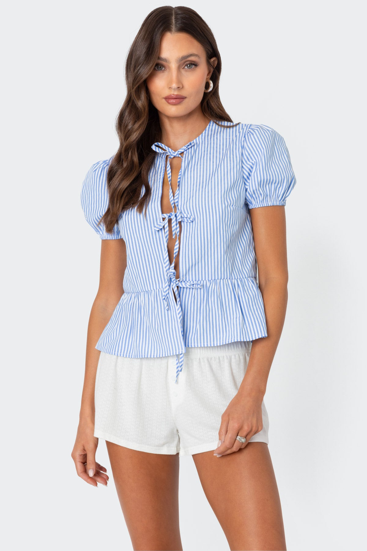 Puffed Sleeve Tie Front Top-Milans Time