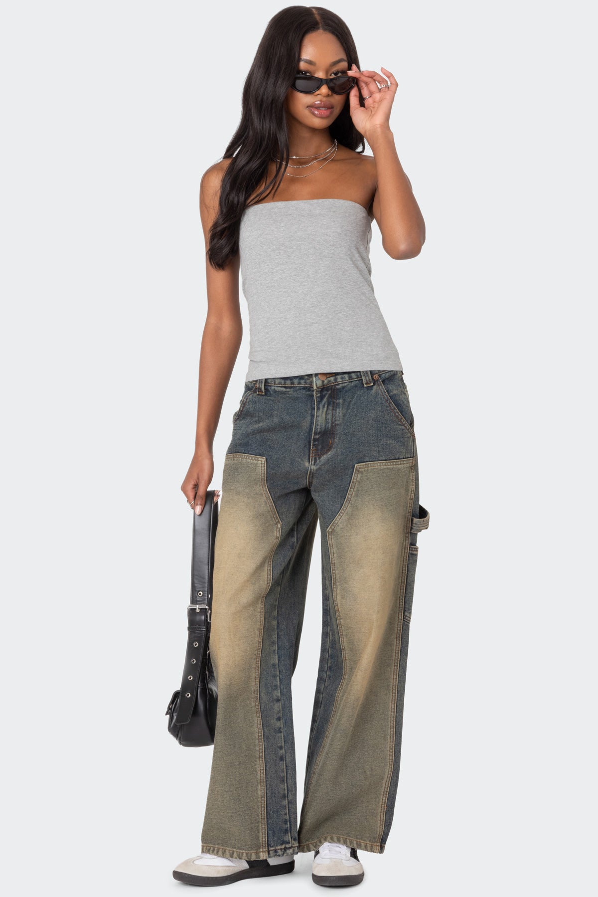 Contrast Panel Washed Mid Rise Baggy Jeans-Milans Time