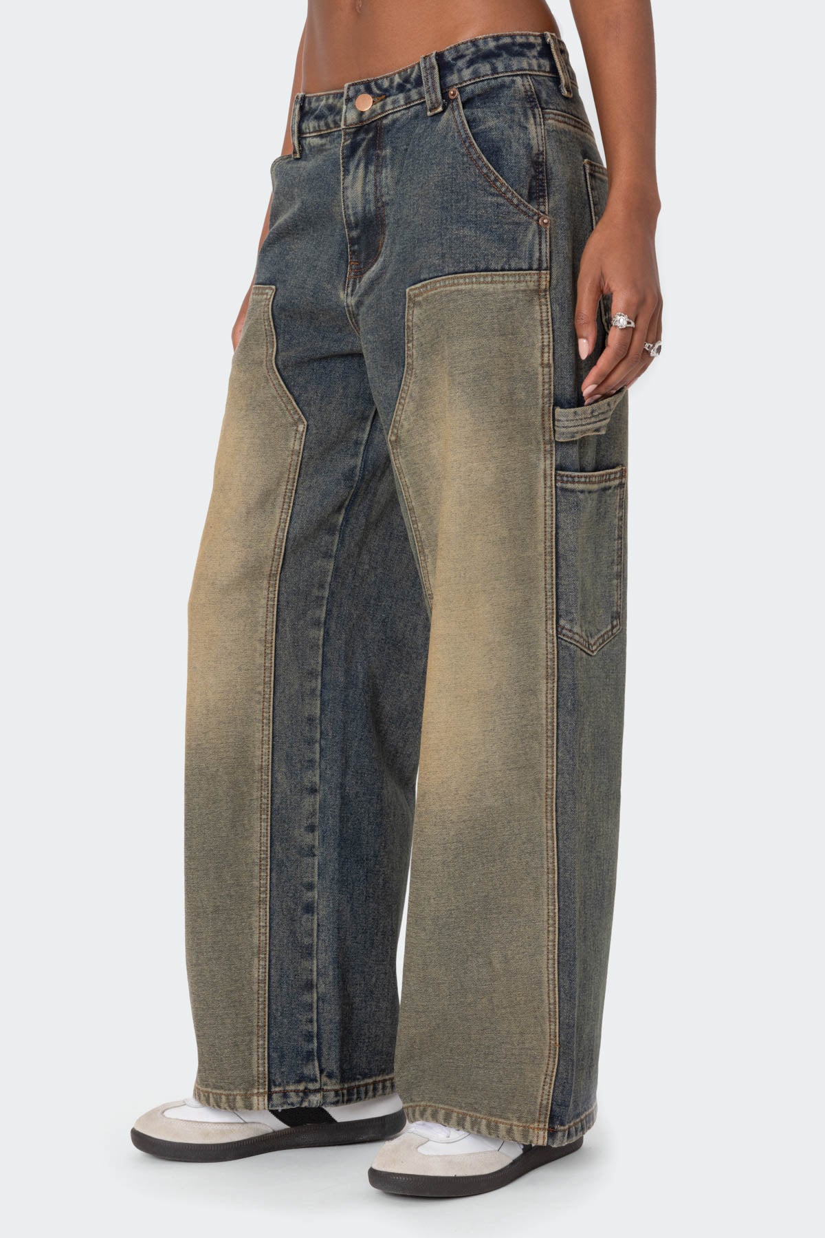 Contrast Panel Washed Mid Rise Baggy Jeans-Milans Time