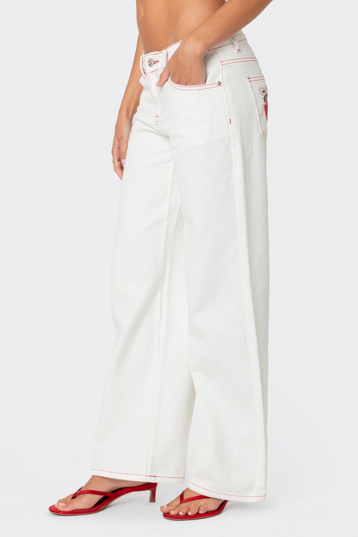 Strawberry Bow Pocket Low Rise Baggy Jeans-Milans Time