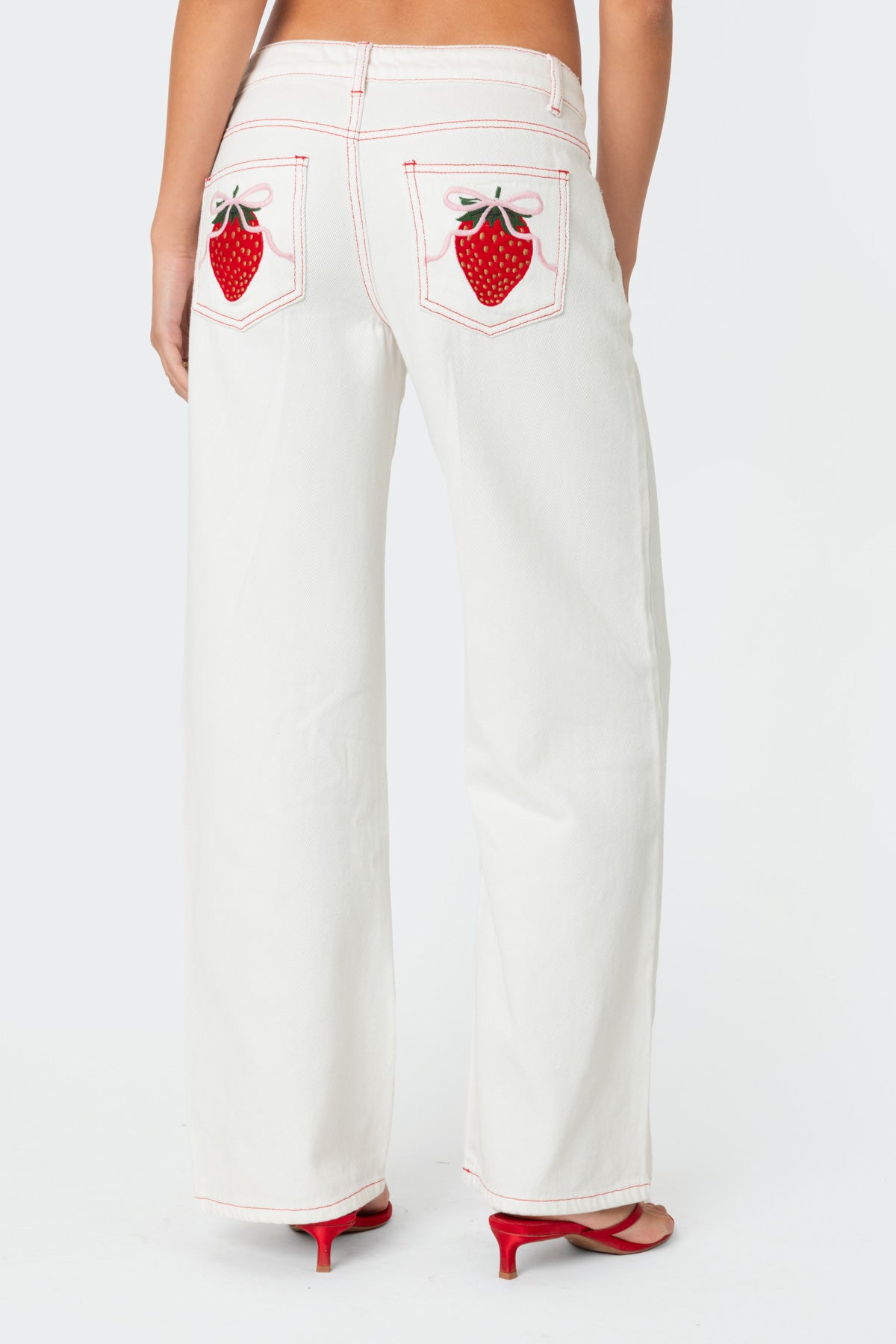 Strawberry Bow Pocket Low Rise Baggy Jeans-Milans Time