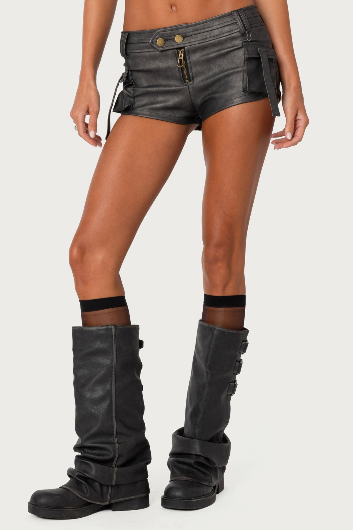 Washed Faux Leather Micro Cargo Shorts-Milans Time