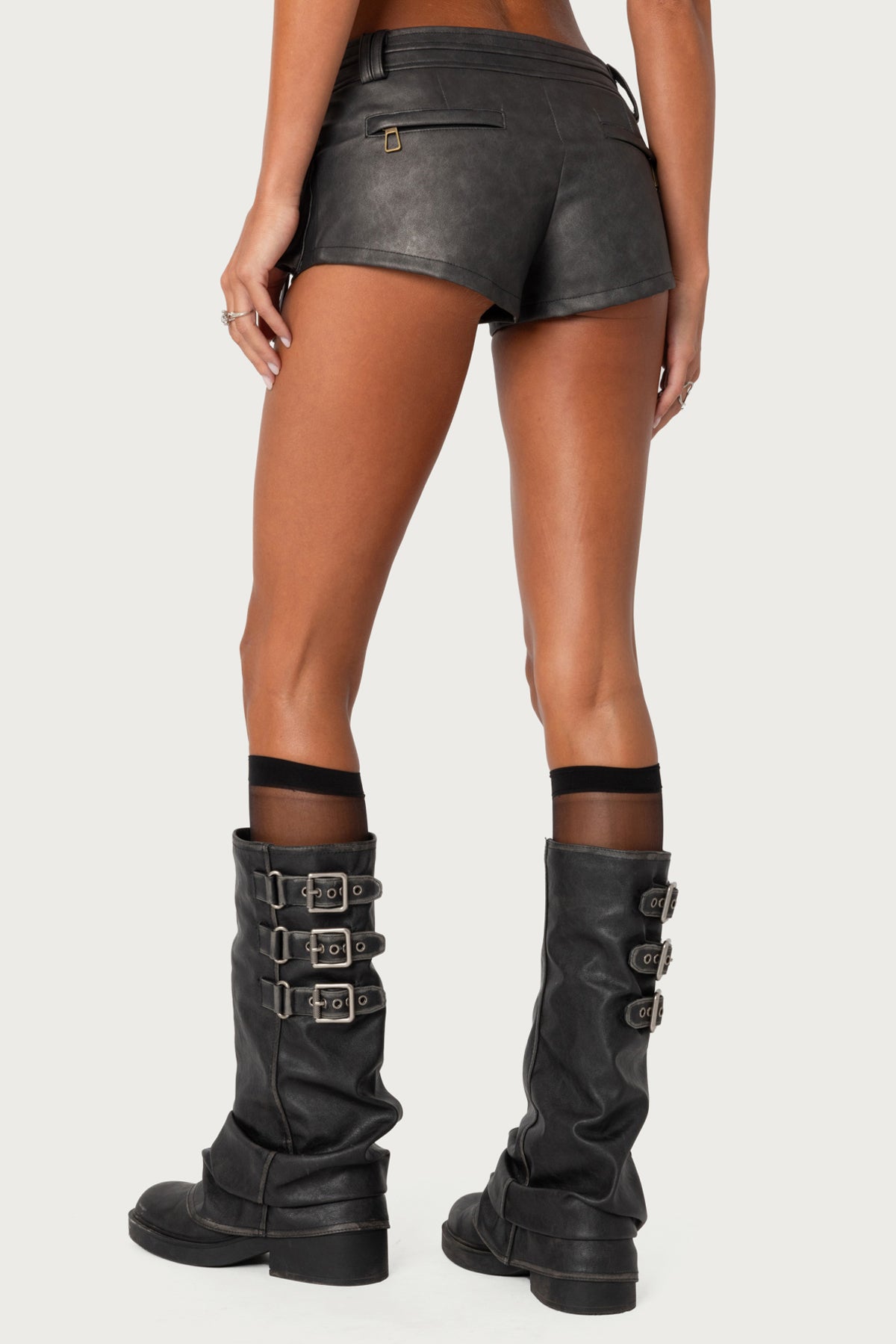 Washed Faux Leather Micro Cargo Shorts-Milans Time