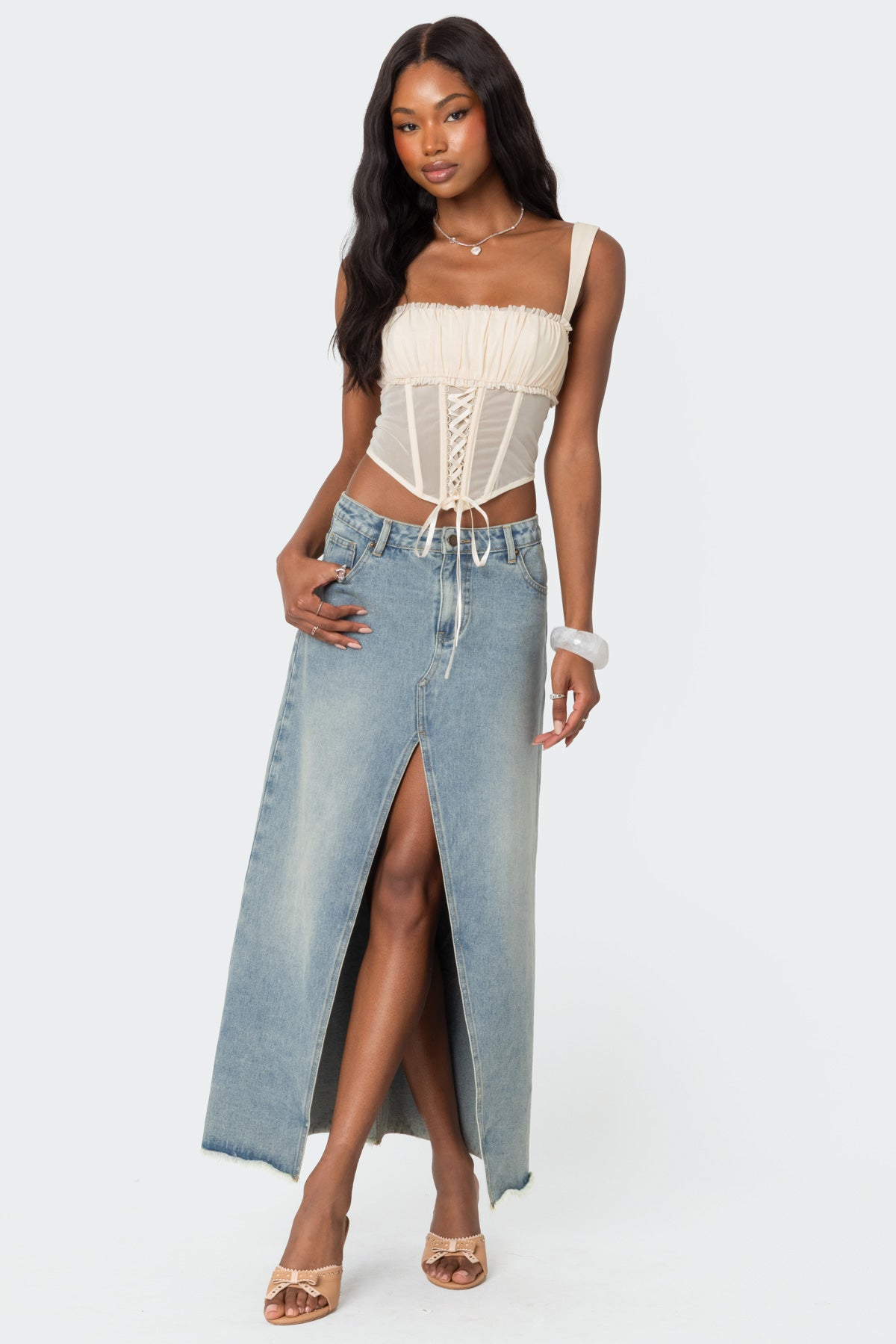 Dafne Gathered Sheer Mesh Corset-Milans Time