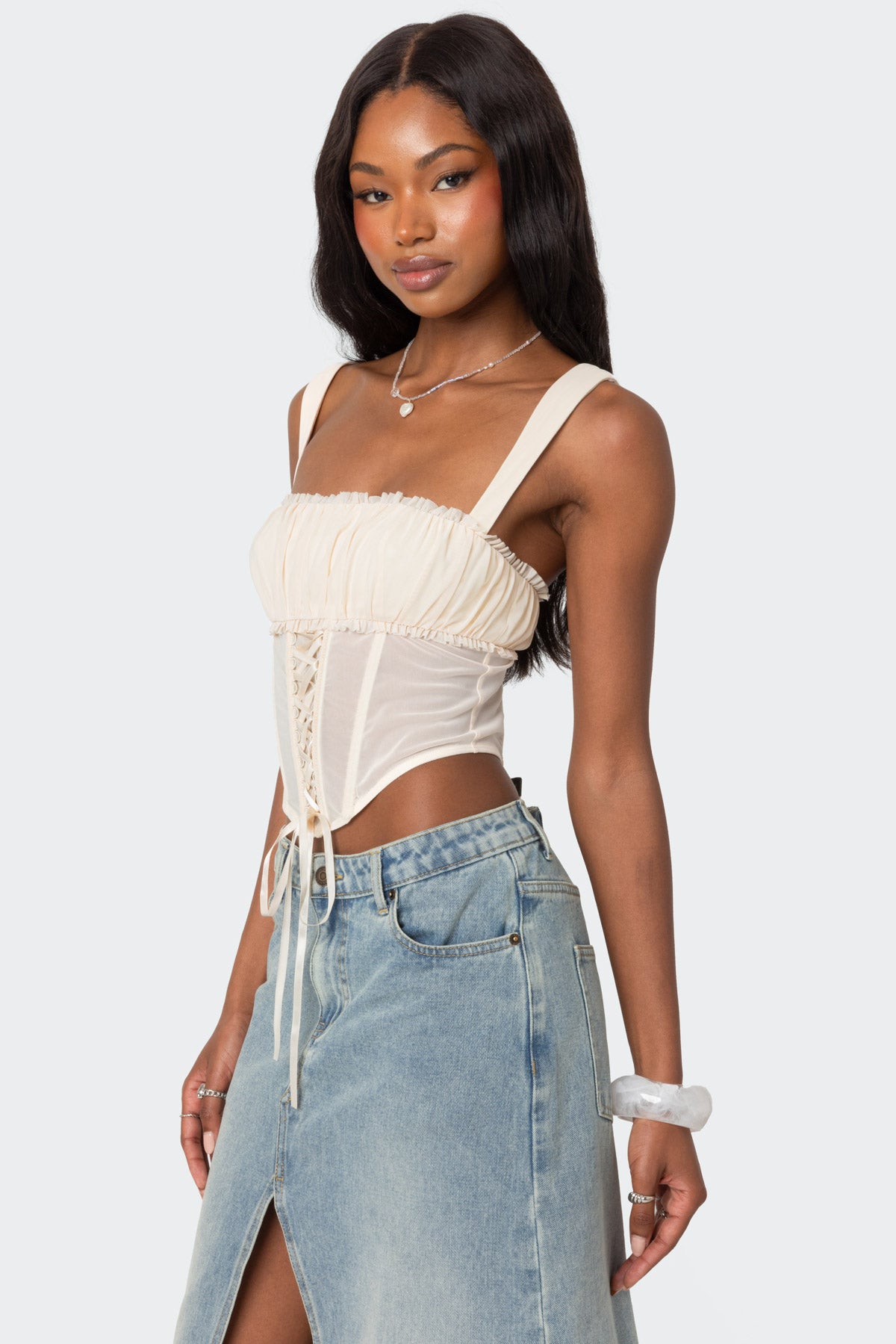 Dafne Gathered Sheer Mesh Corset-Milans Time