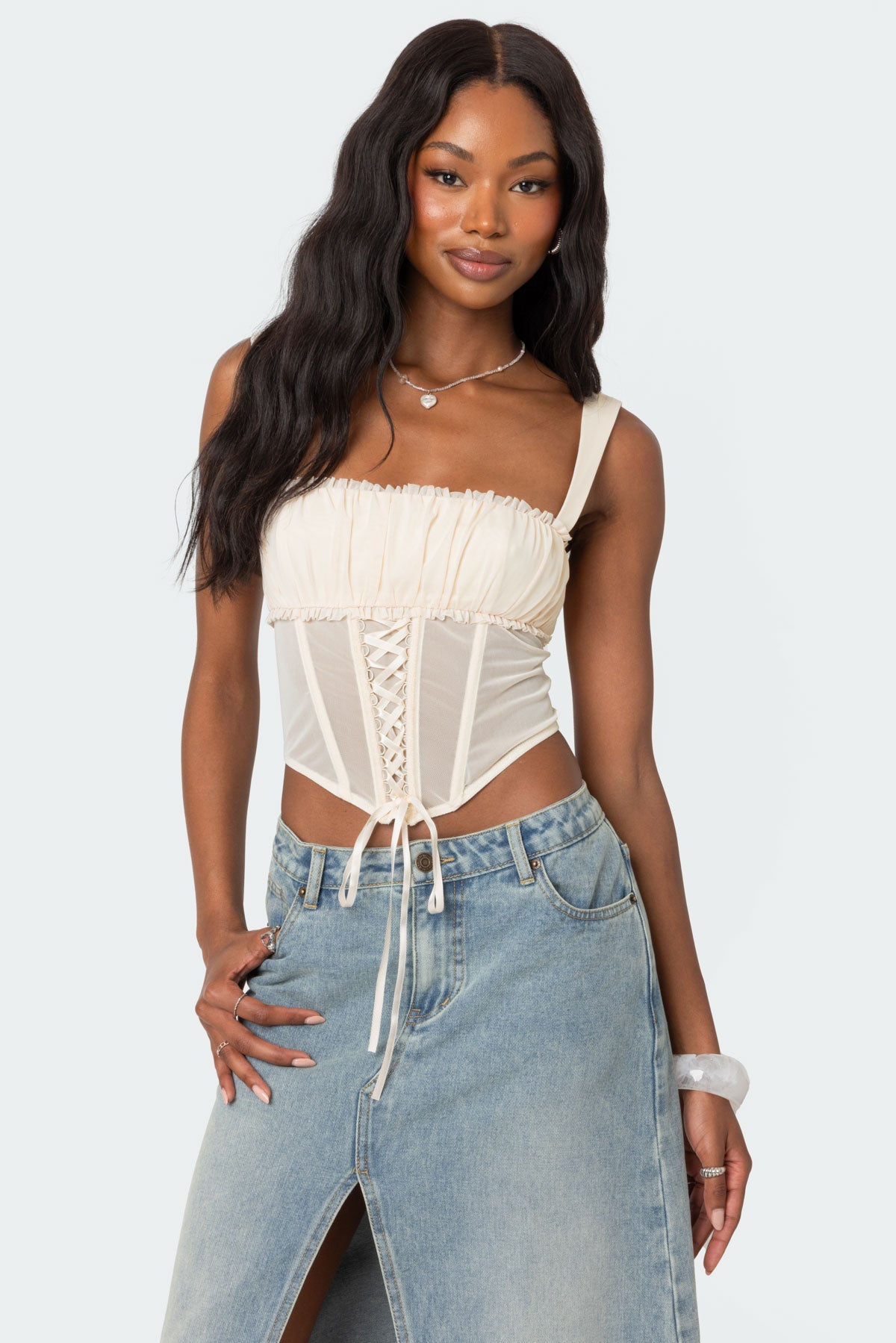 Dafne Gathered Sheer Mesh Corset-Milans Time