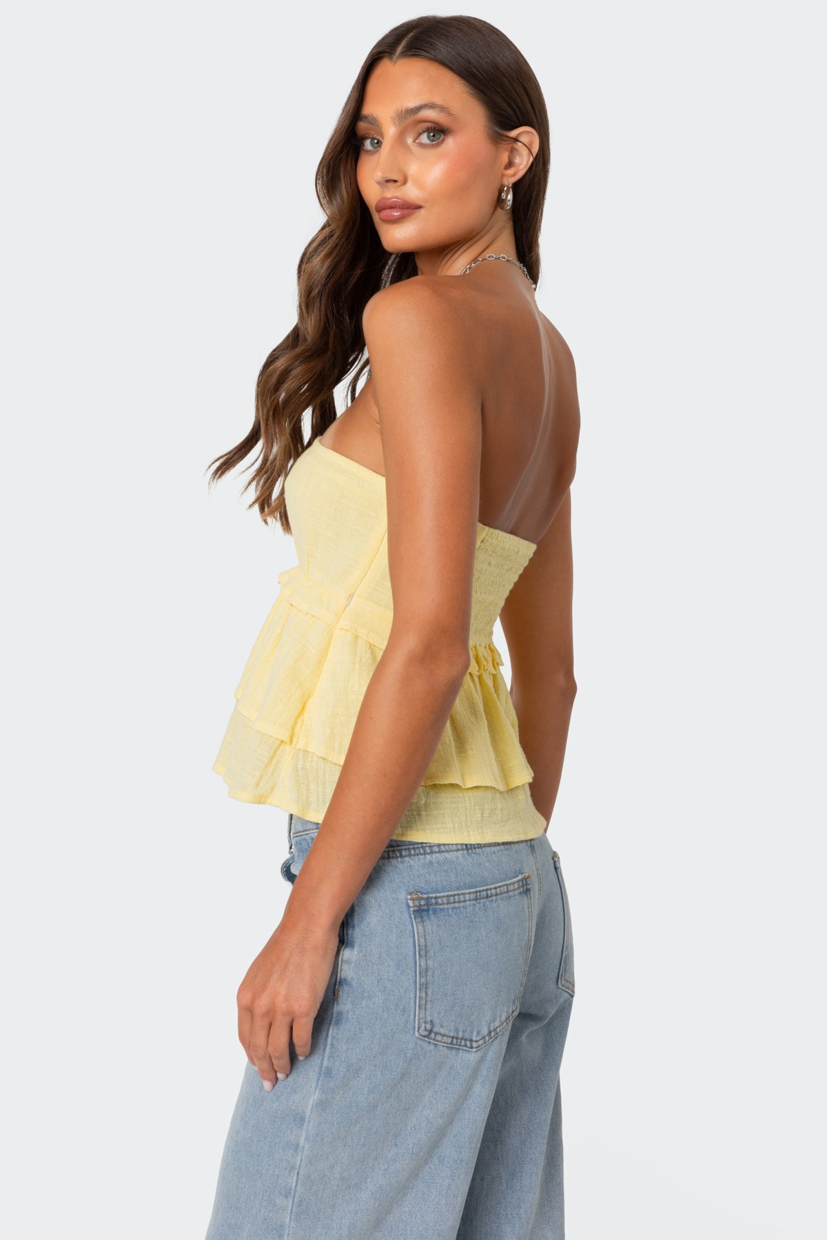 Linen Look Strapless Peplum Top-Milans Time