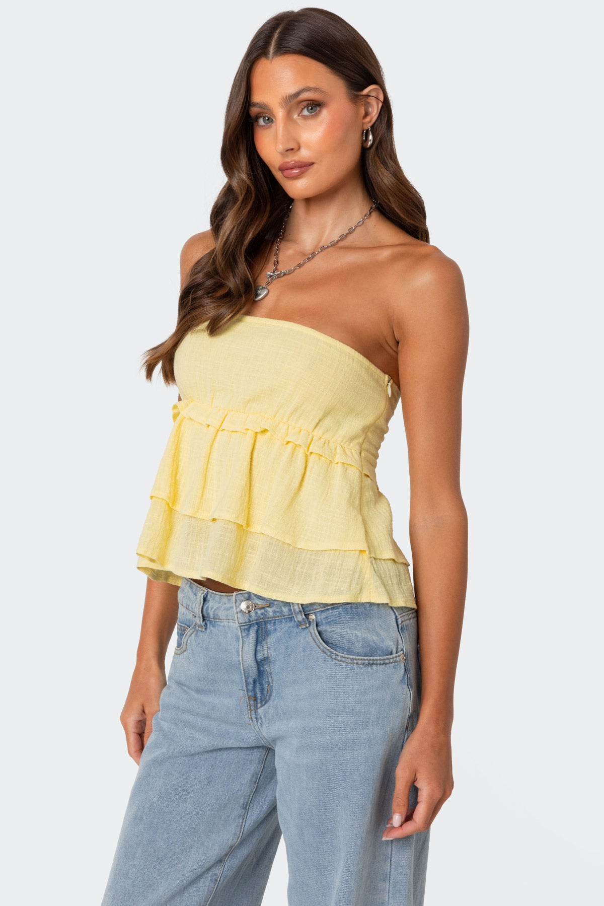 Linen Look Strapless Peplum Top-Milans Time