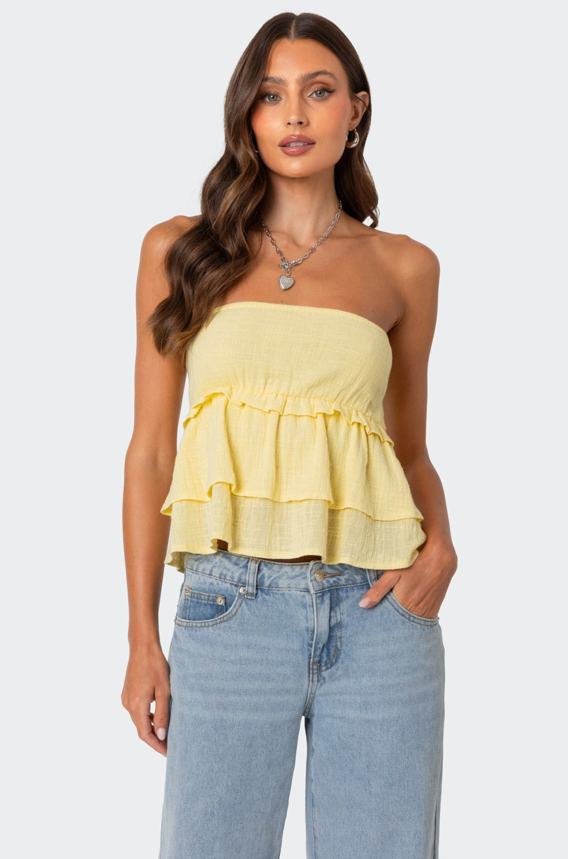 Linen Look Strapless Peplum Top-Milans Time