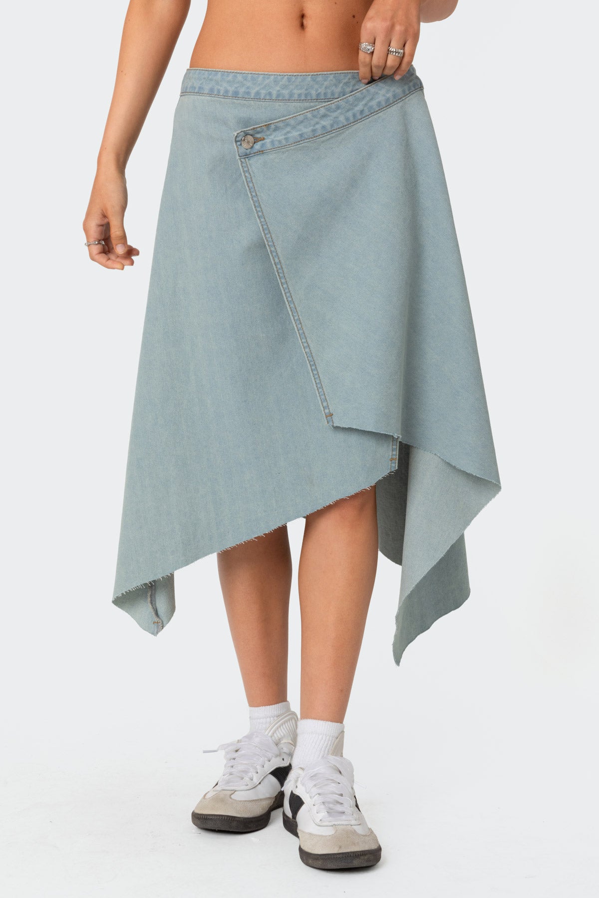 Asymmetric Wrapped Denim Midi Skirt-Milans Time