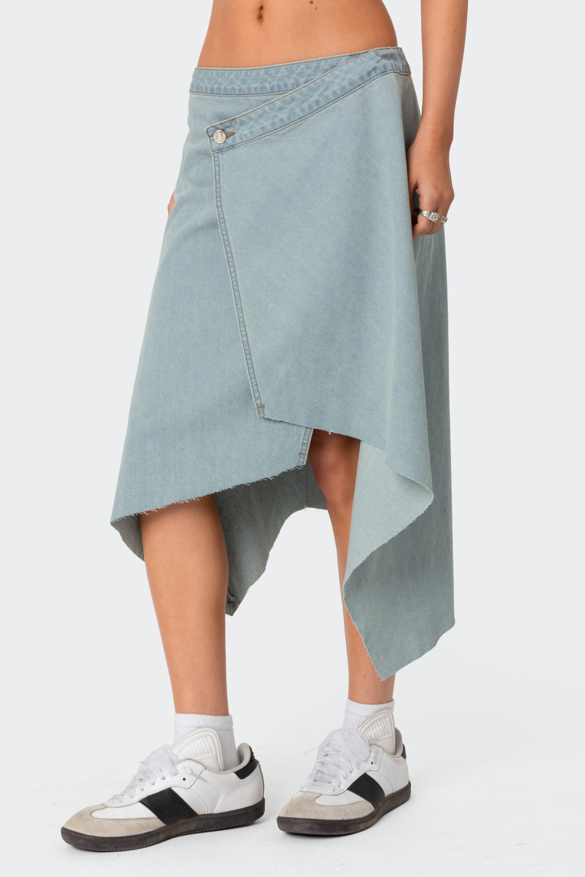 Asymmetric Wrapped Denim Midi Skirt-Milans Time