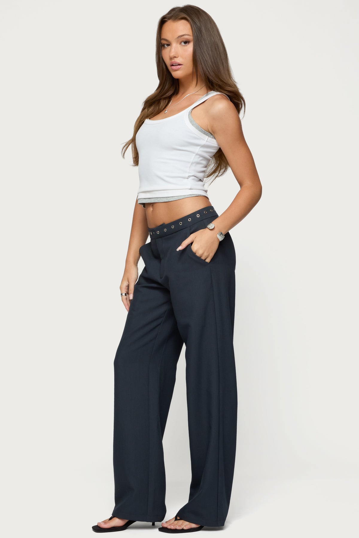 Ayve Eyelet Waist Straight Leg Pants-Milans Time