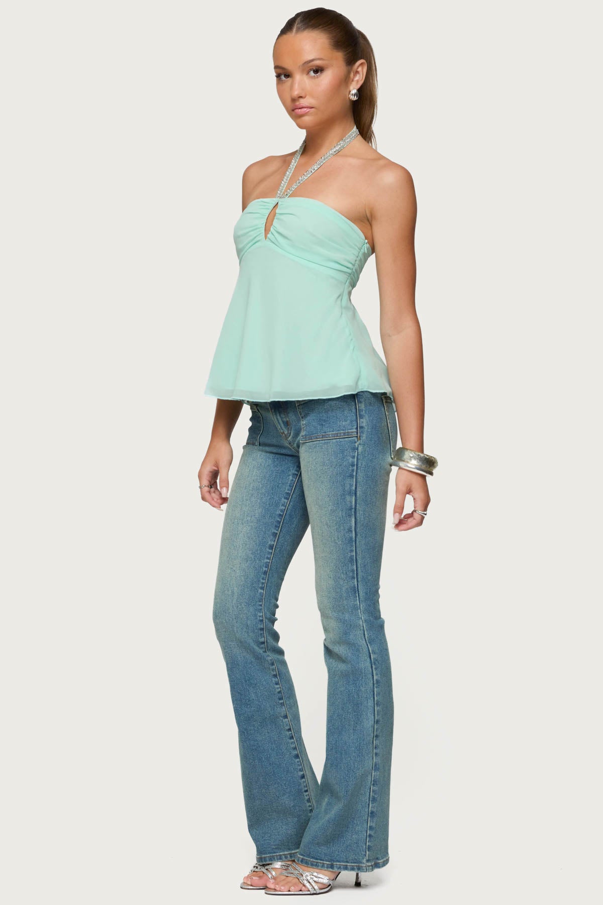 Sequin Chiffon Keyhole Halter Top-Milans Time