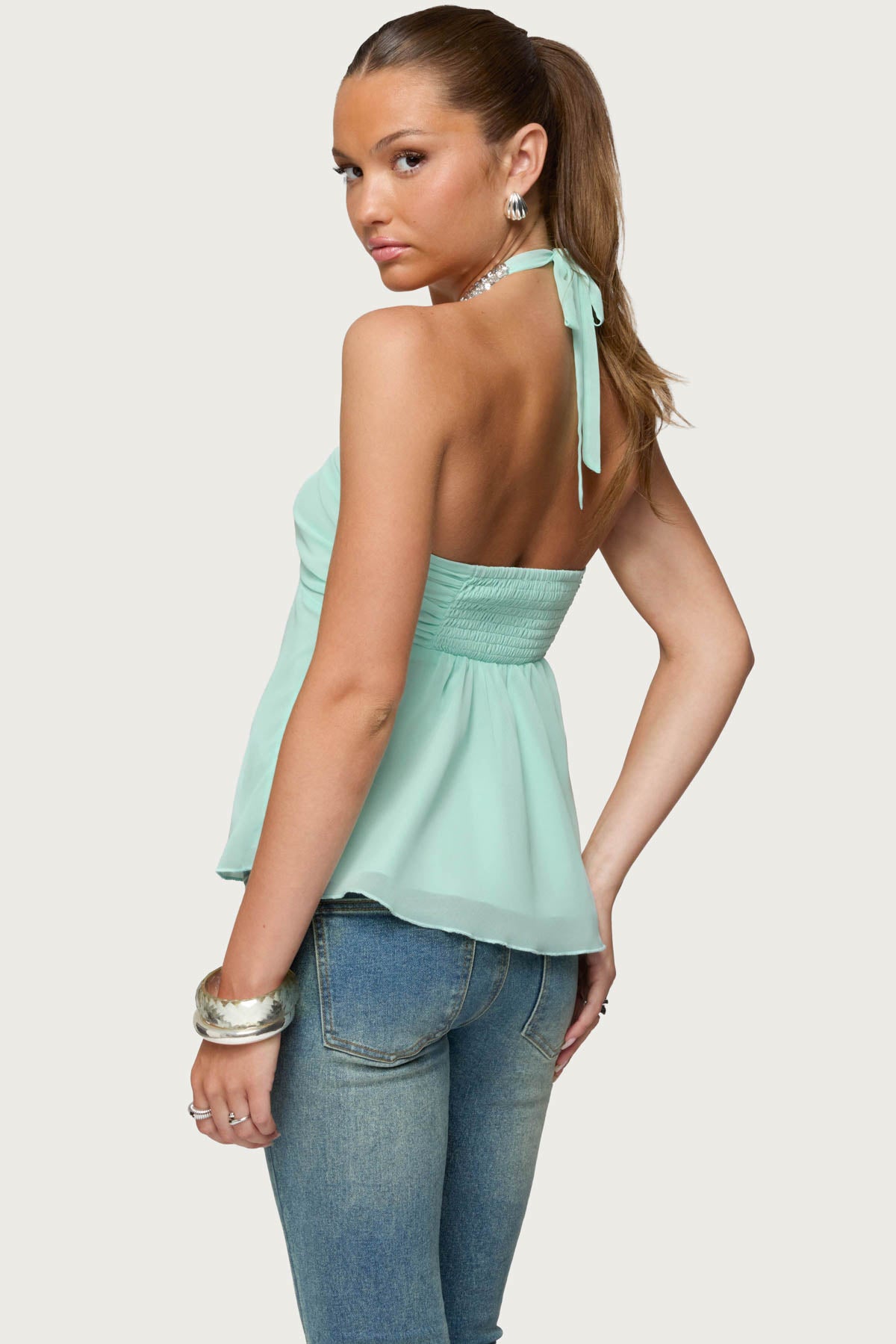 Sequin Chiffon Keyhole Halter Top-Milans Time