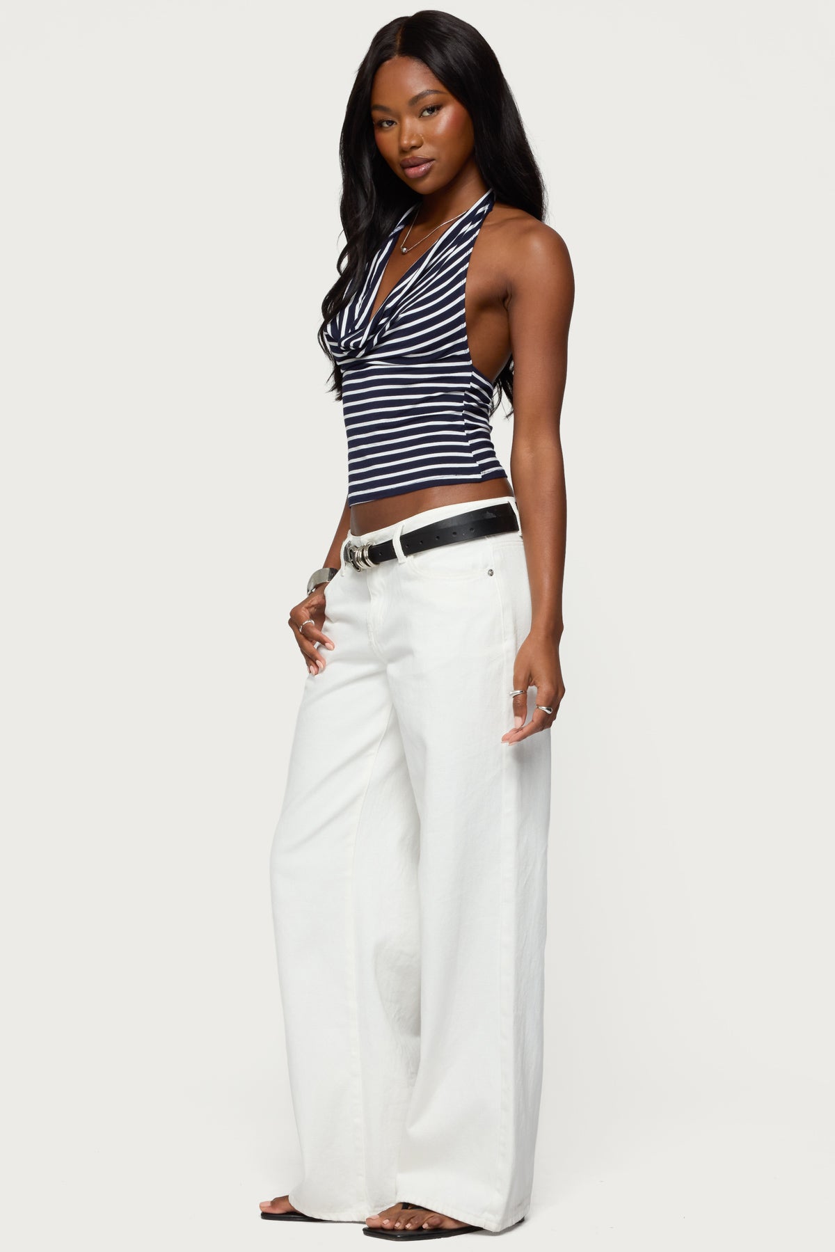 Striped Cowl Neck Halter Top-Milans Time