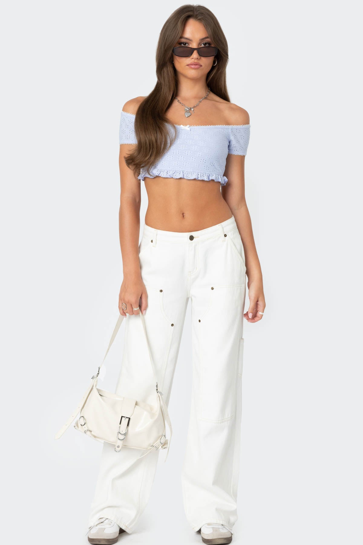 Off Shoulder Eyelet Crop Top-Milans Time