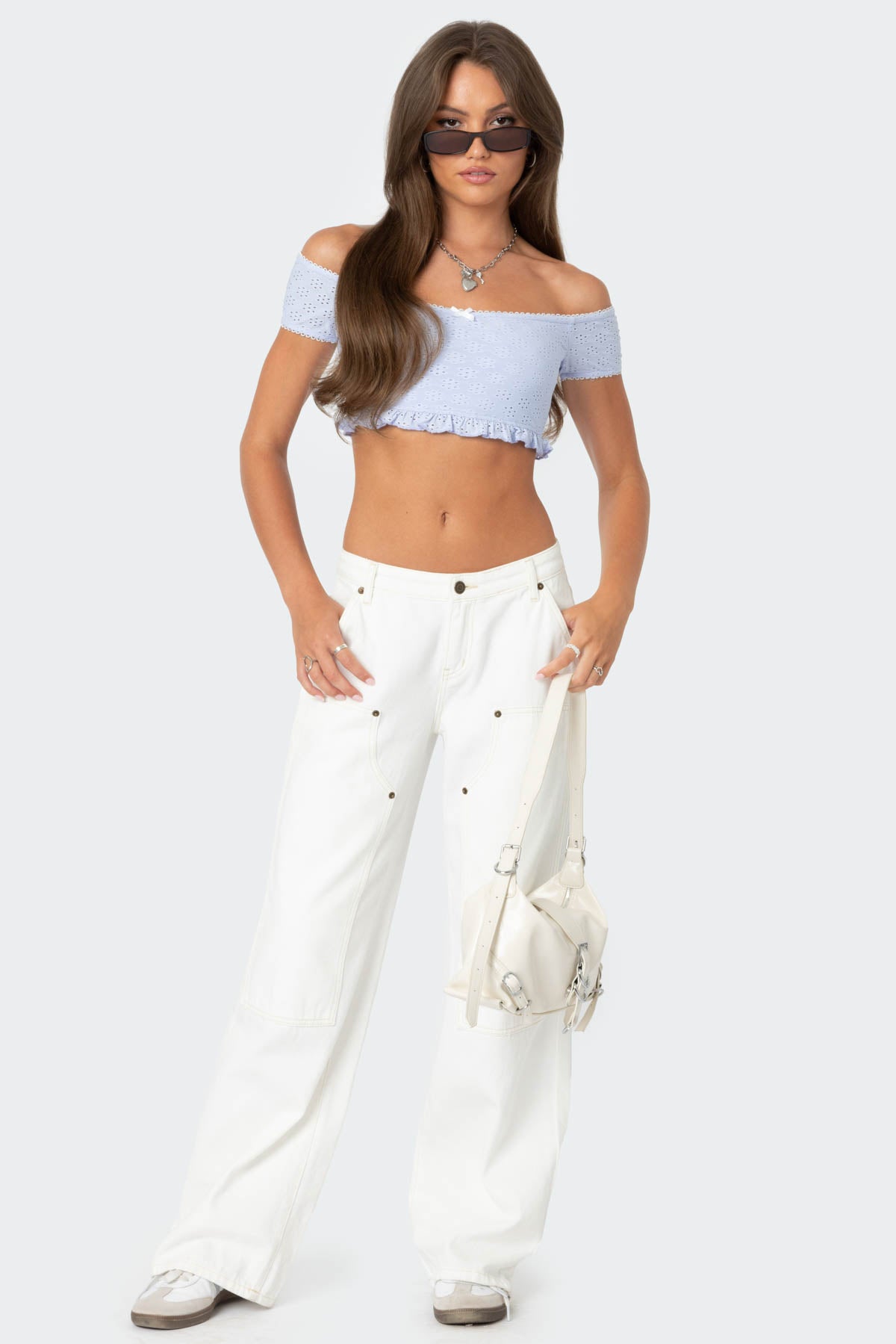 Off Shoulder Eyelet Crop Top-Milans Time
