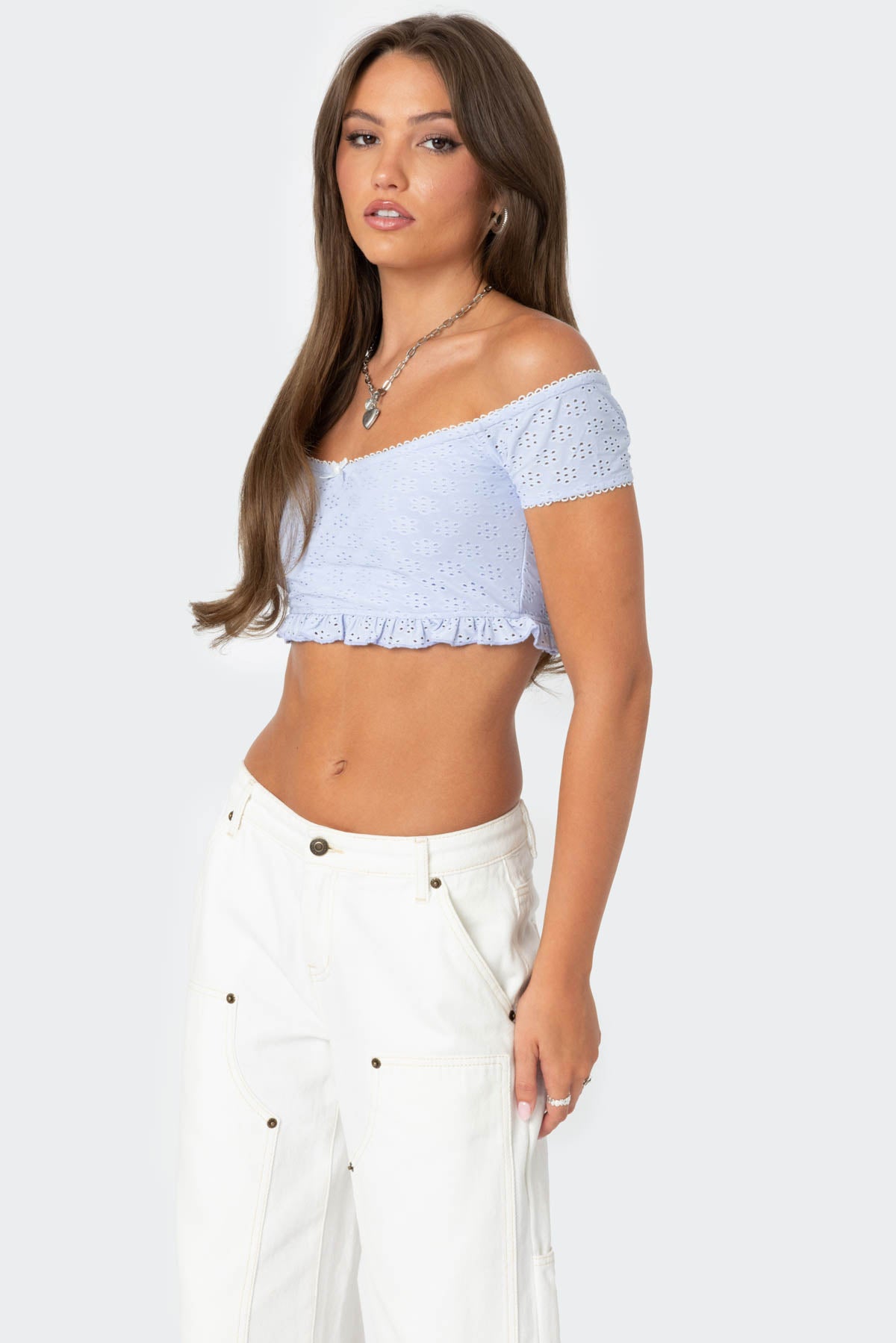 Off Shoulder Eyelet Crop Top-Milans Time